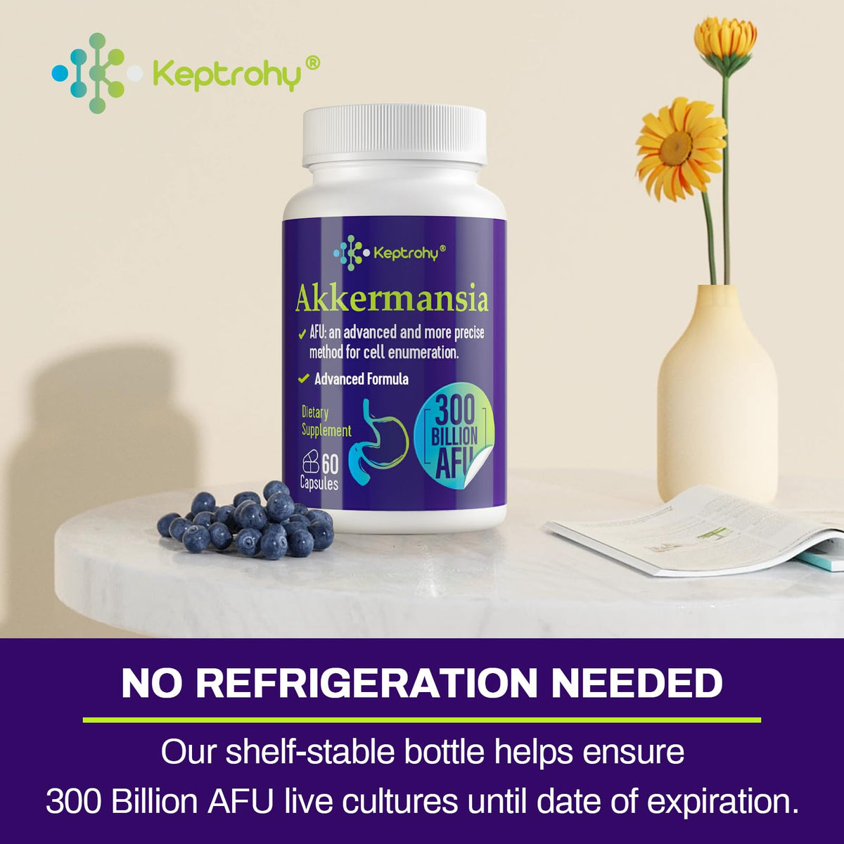 Keptrohy 300 Billion AFU Akkermansia Probiotic for Women & Men, Akkermansia Muciniphila for More GLP ONE Production, Digestive, Gut & Immune, Gut Digestive Lining Function, 60 Count