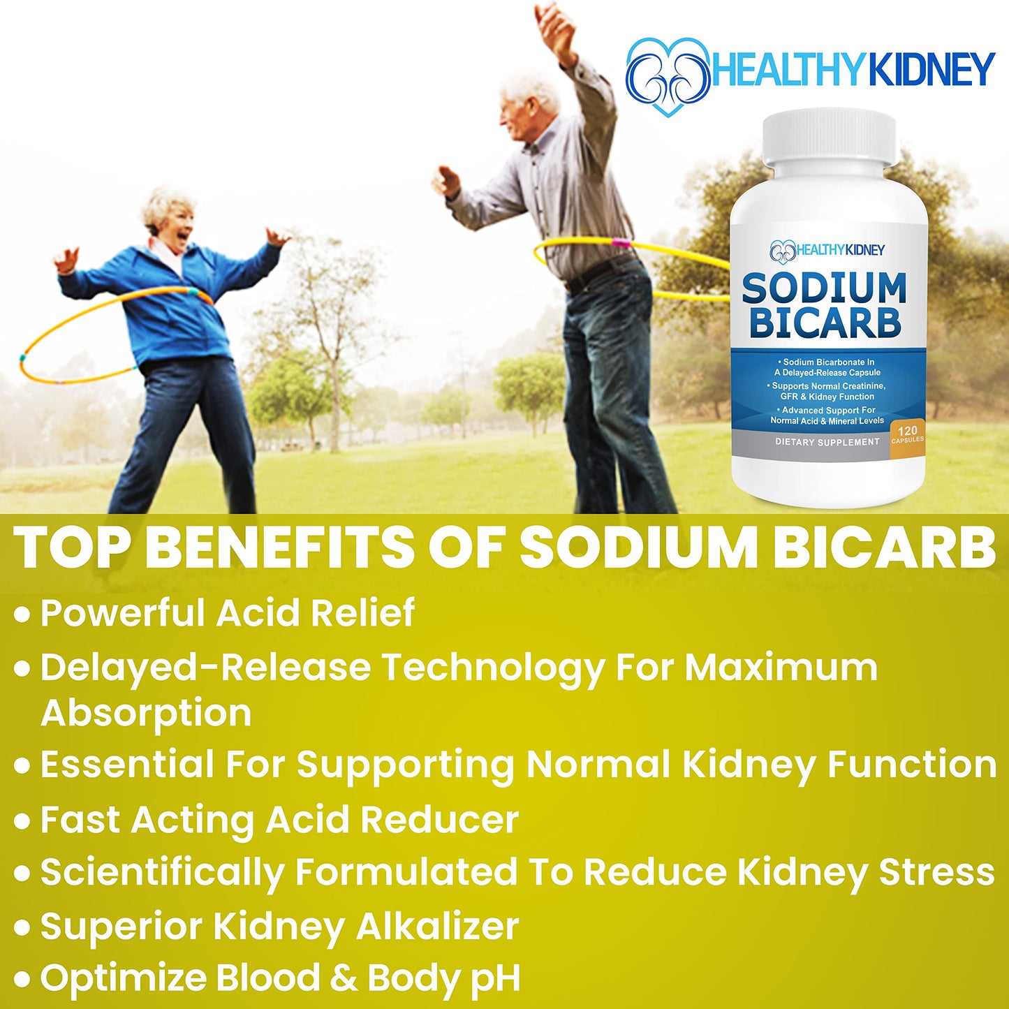Kidney Restore Sodium Bicarbonate 650mg Delayed-Release Capsules | Kidney Support, Acid Relief, 2-Pack