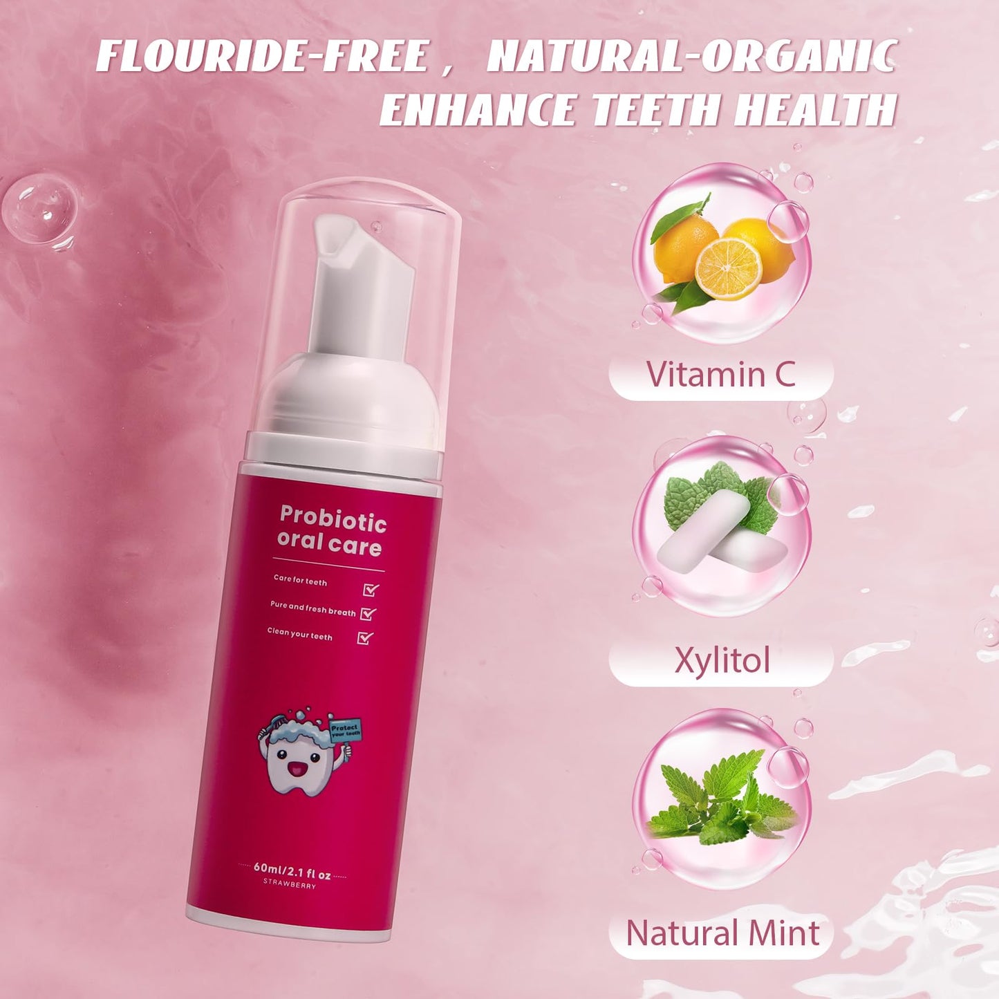 Kids Foam Toothpaste Fluoride Free - Watermelon & Strawberry Mint for U-Shaped Toothbrush