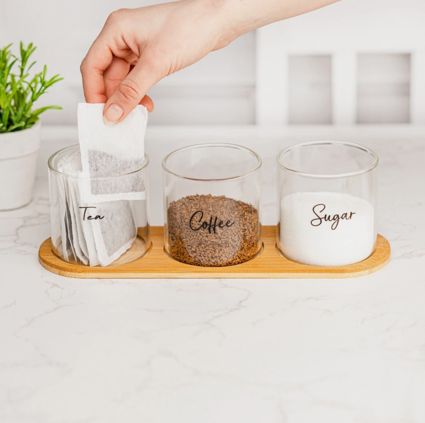 3 Glass Jar Kitchen Station Set with Wooden Tray