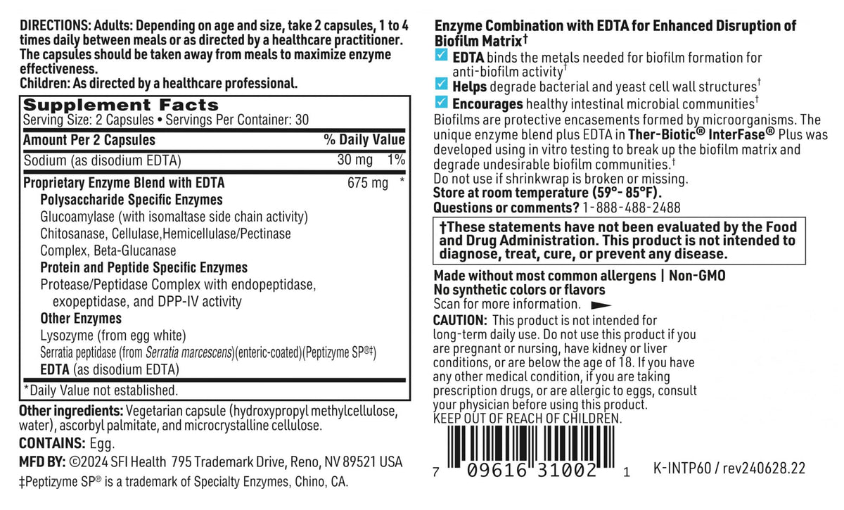 Klaire Labs InterFase Plus – Enzyme + EDTA for Biofilm Disruption (60 Capsules)