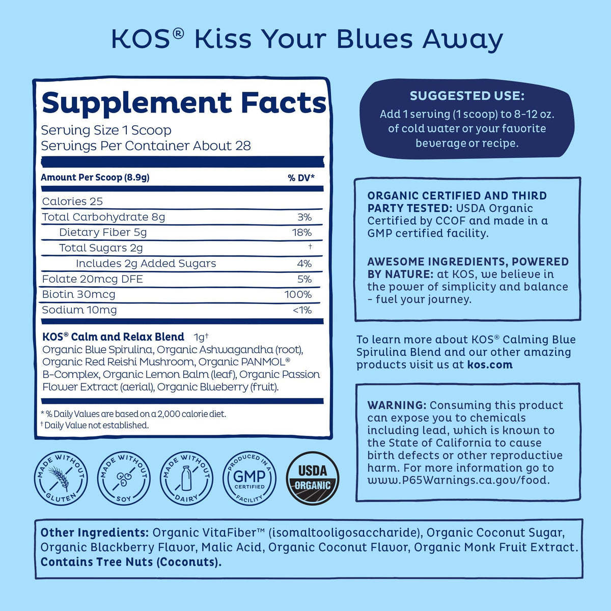 KOS Calming Blue Spirulina Blend - USDA Organic Algae Superfood Powder with Ashwagandha, Lemon Balm, Reishi - Berry Coconut Cooler, 28 Servings