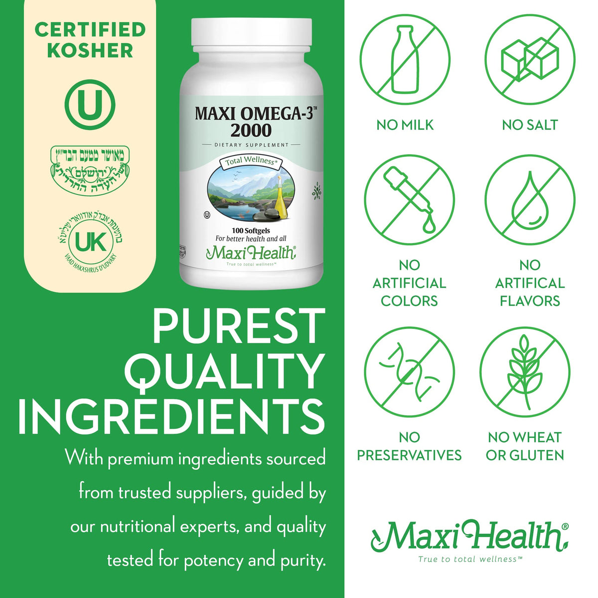 Maxi Health Omega 3 2000mg - Triple Strength Fish Oil with No Fishy Aftertaste | Kosher, 100 Softgels