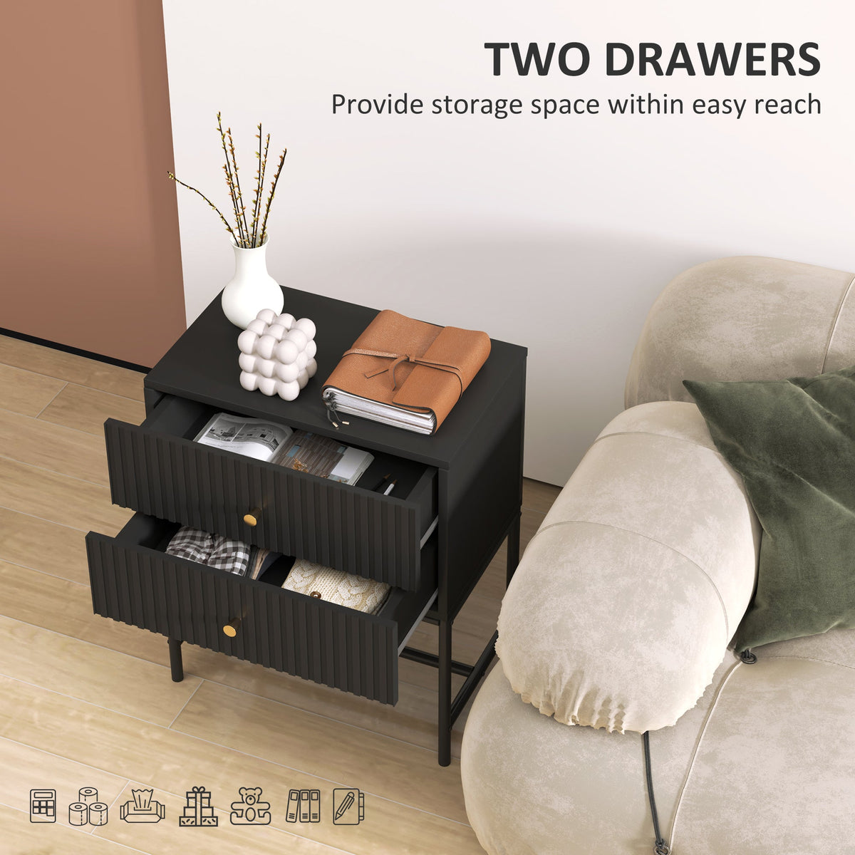 HOMCOM Modern Bedside Table with 2 Drawers for Bedroom