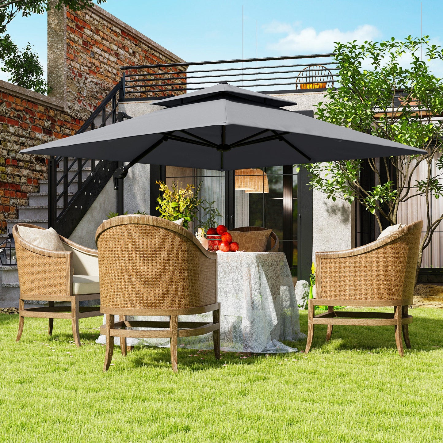 Outsunny 360° Cantilever Parasol Roma Umbrella w/ Base Weights, Light Grey