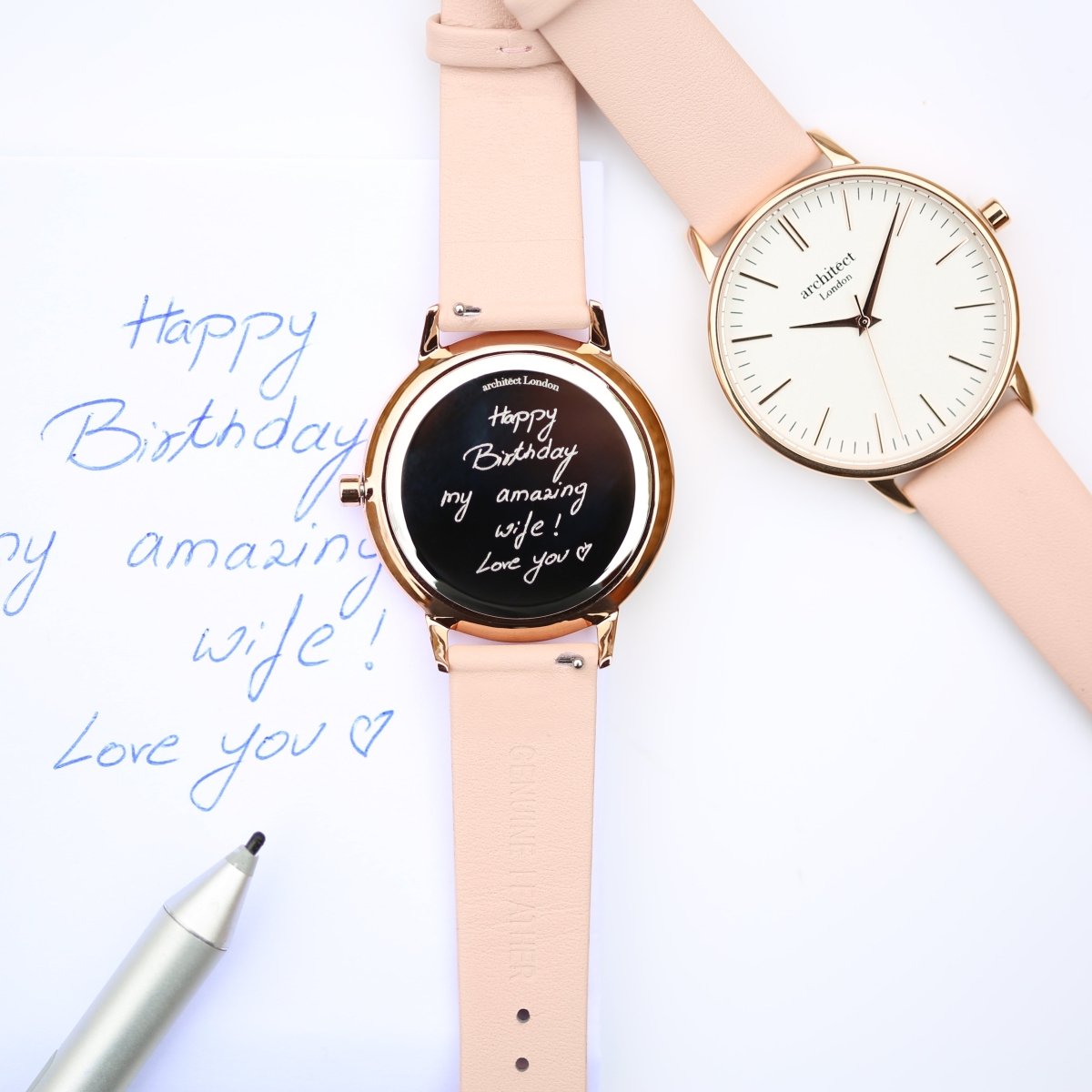 Ladies Archiect Blanc - Handwriting Engraving, Light Pink Strap