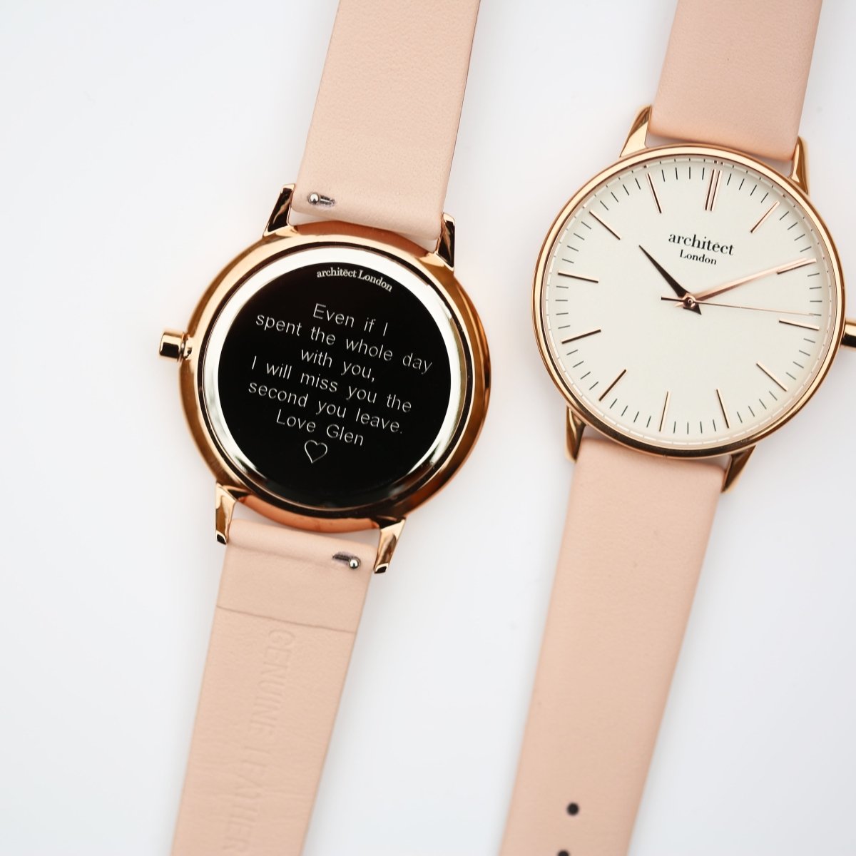 Ladies Archiect Blanc - Modern Font Engraving, Light Pink Strap