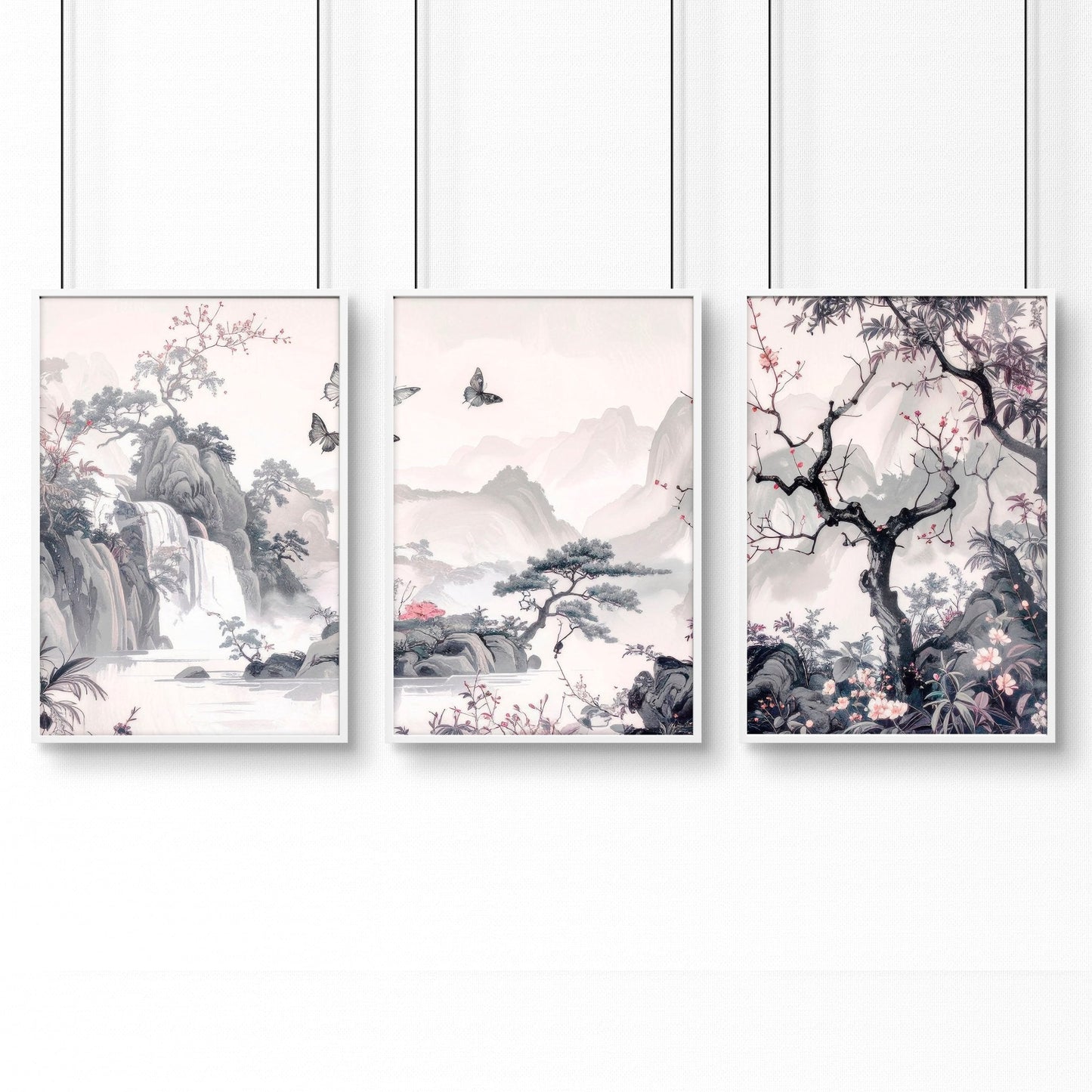 Large Contemporary Wall Art | Set of 3 Chinoiserie Wall art Prints