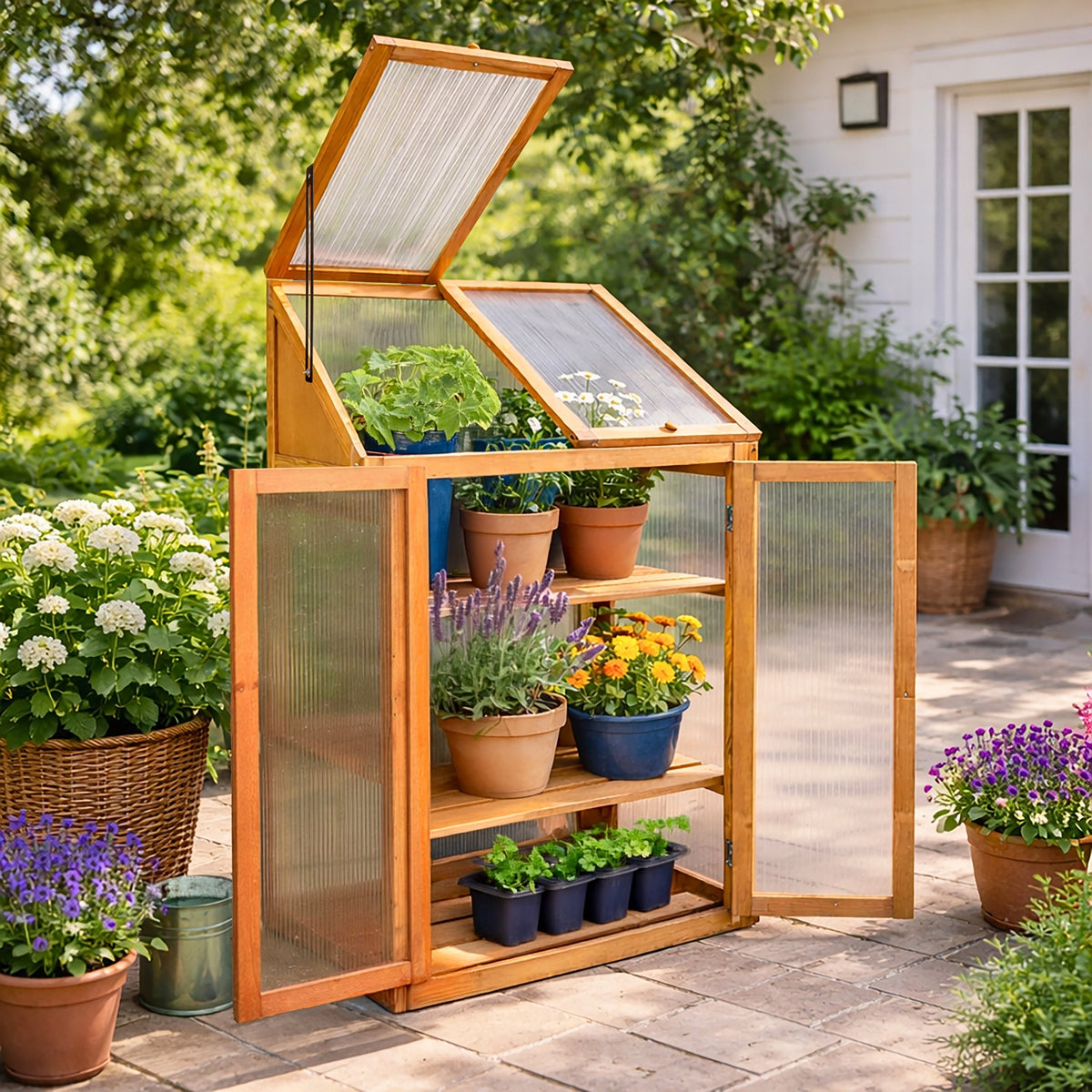 Large 3 Tier Wooden Garden Greenhouse with Polycarbonate Panels