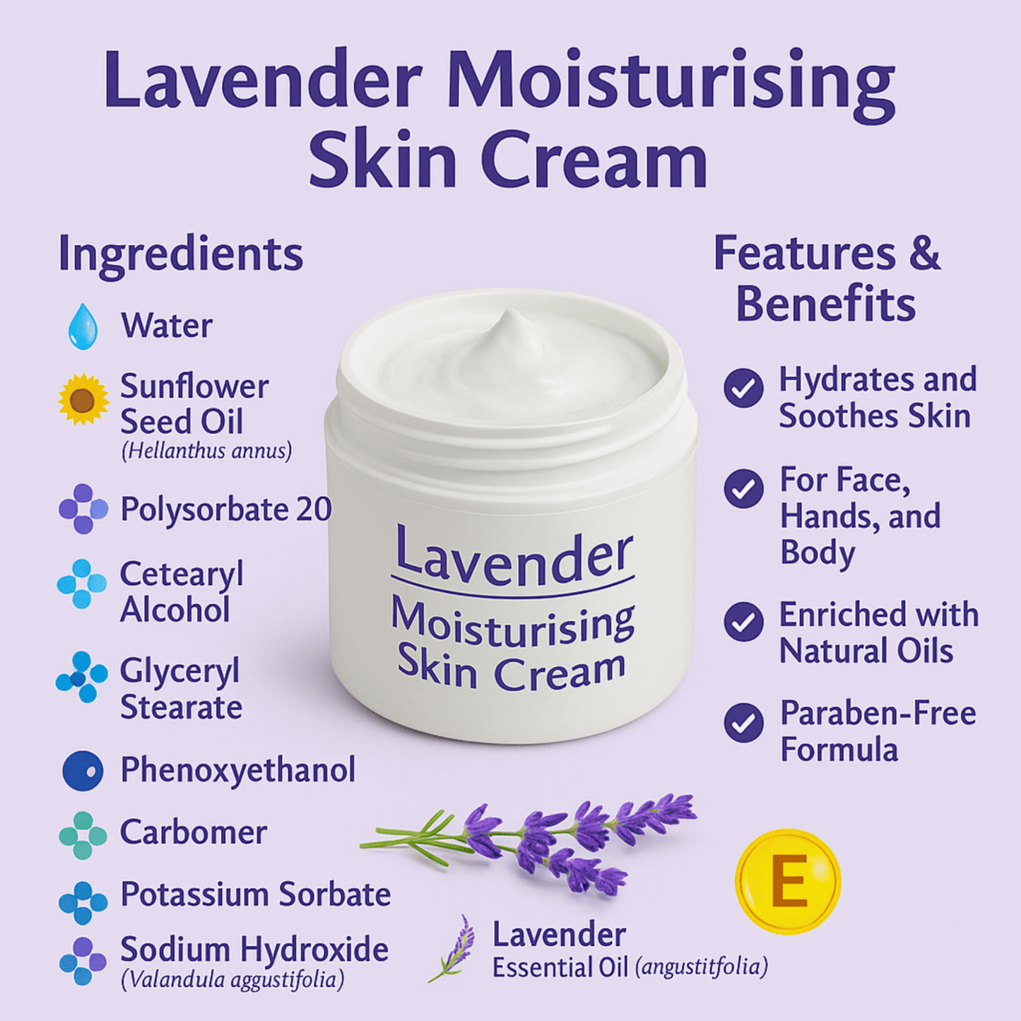 Lavender Moisturising Skin Cream Natural Handmade Face & Body Cream for Dry Skin