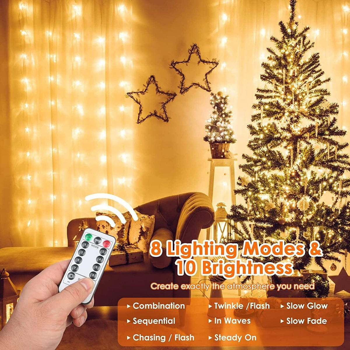 LED USB Light Curtain 3x3M 300 LEDs 8 Modes Warm White Indoor Anpro