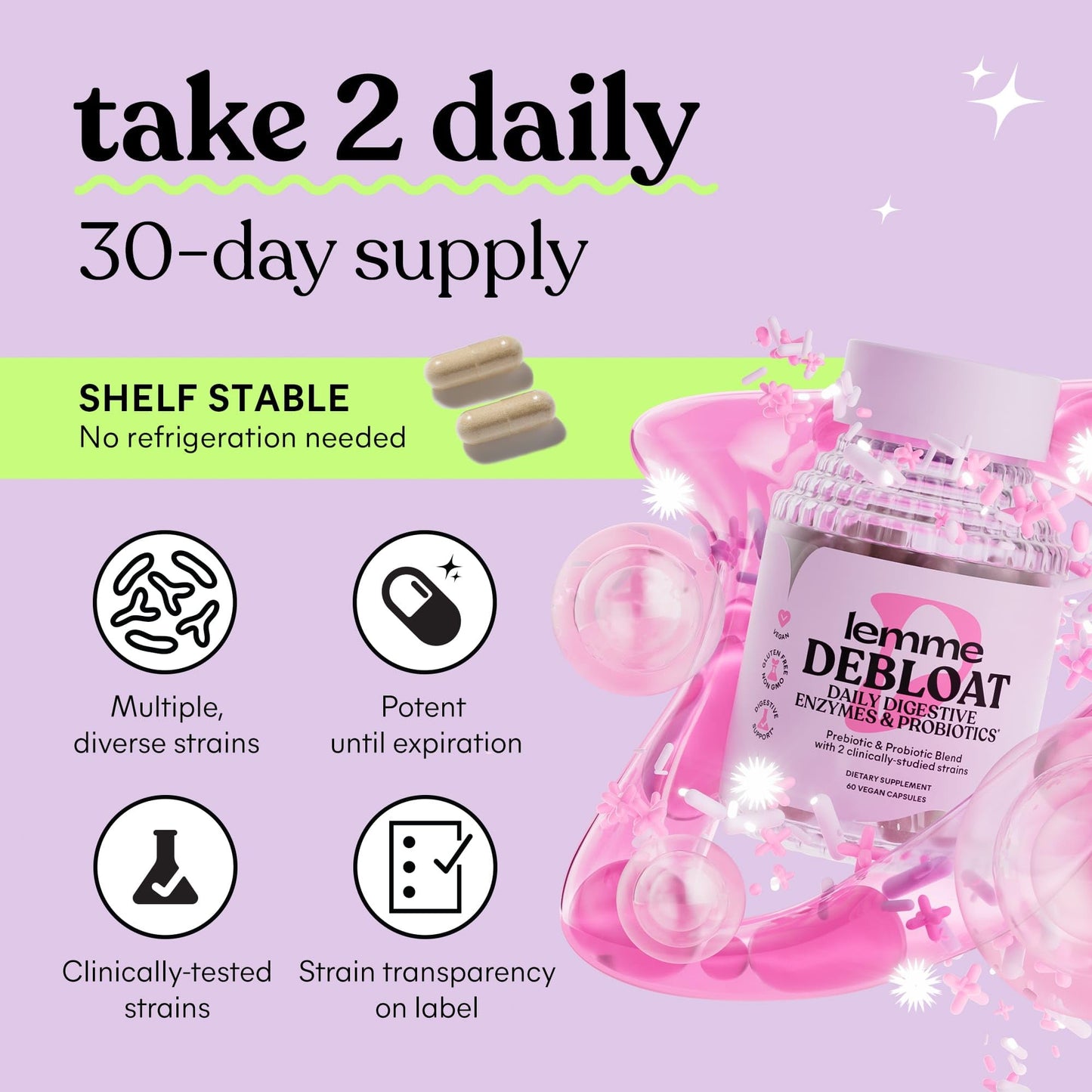 Lemme Debloat 3-in-1 Probiotic, Prebiotic & Digestive Enzymes - 60 Count