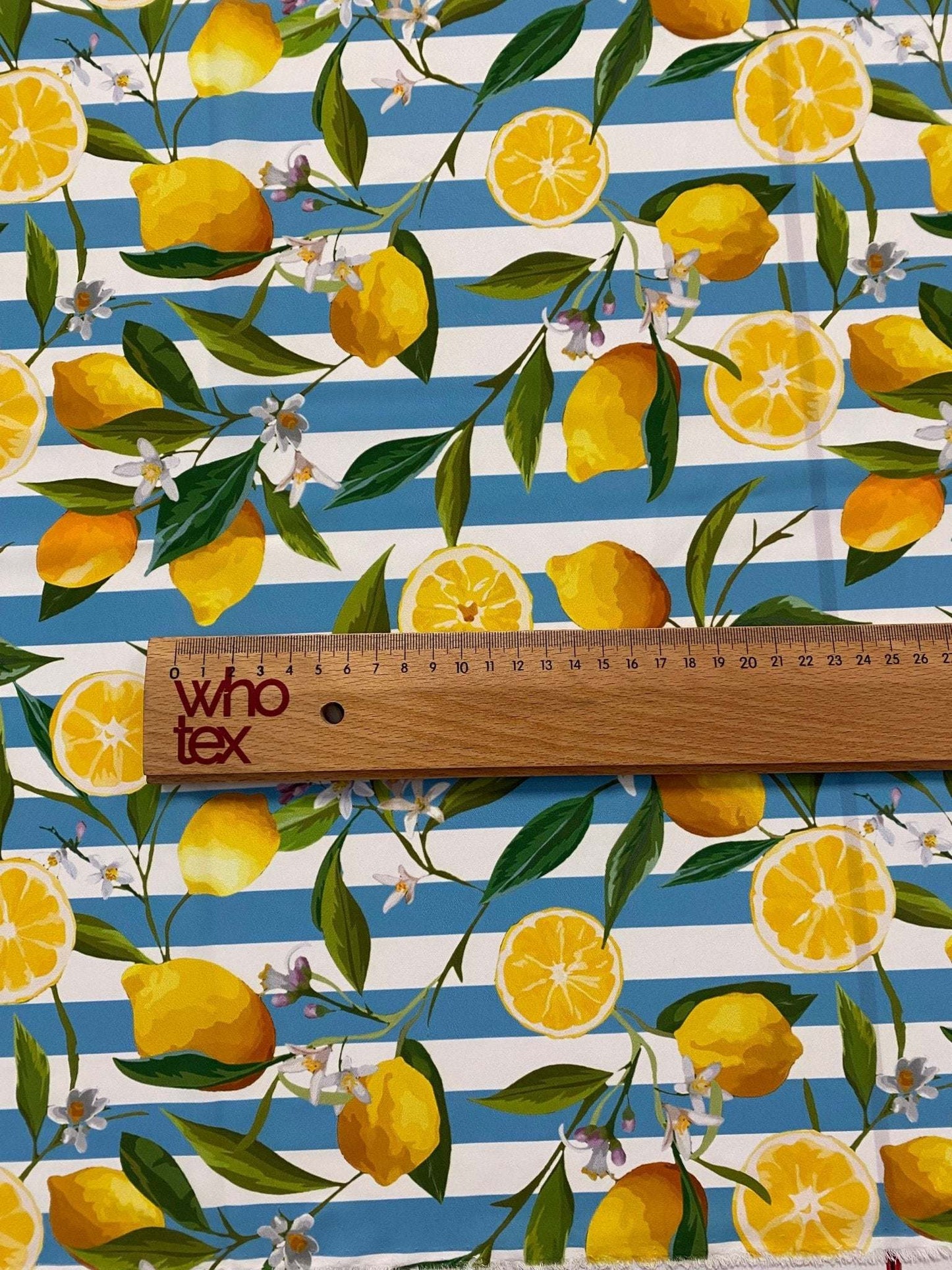 Lemon and Floral Print Fabric on Blue White Stripes Sold by Metre