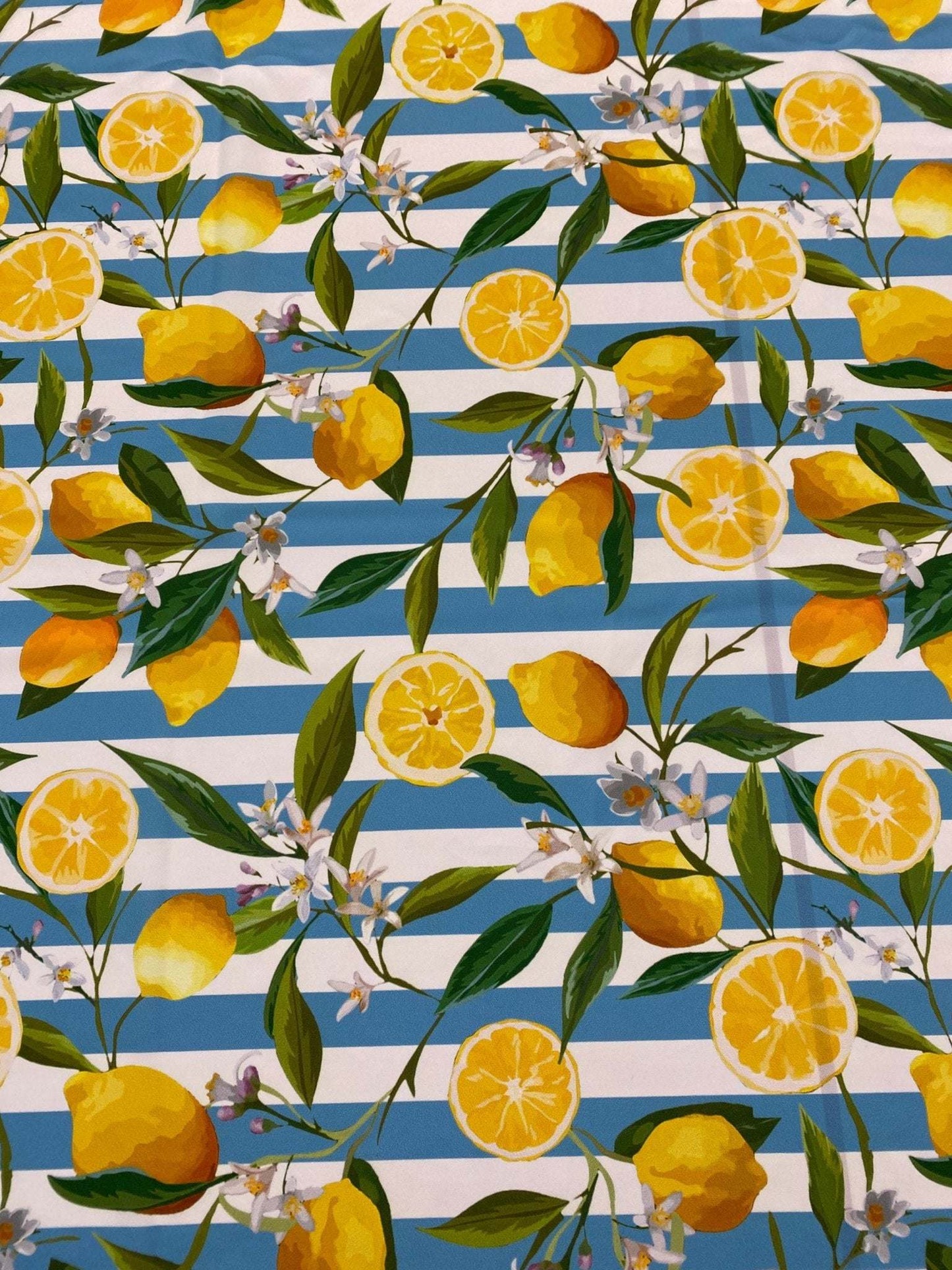 Lemon and Floral Print Fabric on Blue White Stripes Sold by Metre