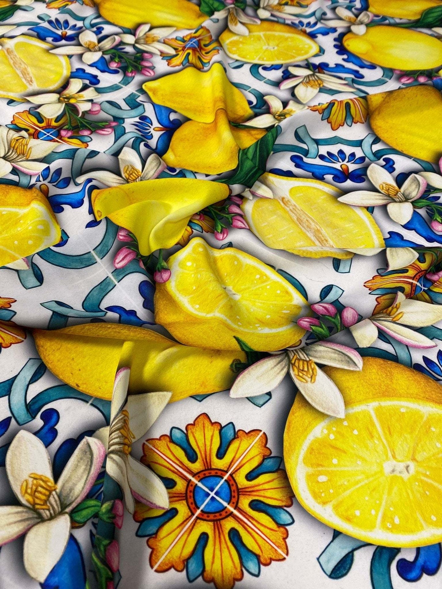Lemon Blue Spanish Pattern Fabric by Metre