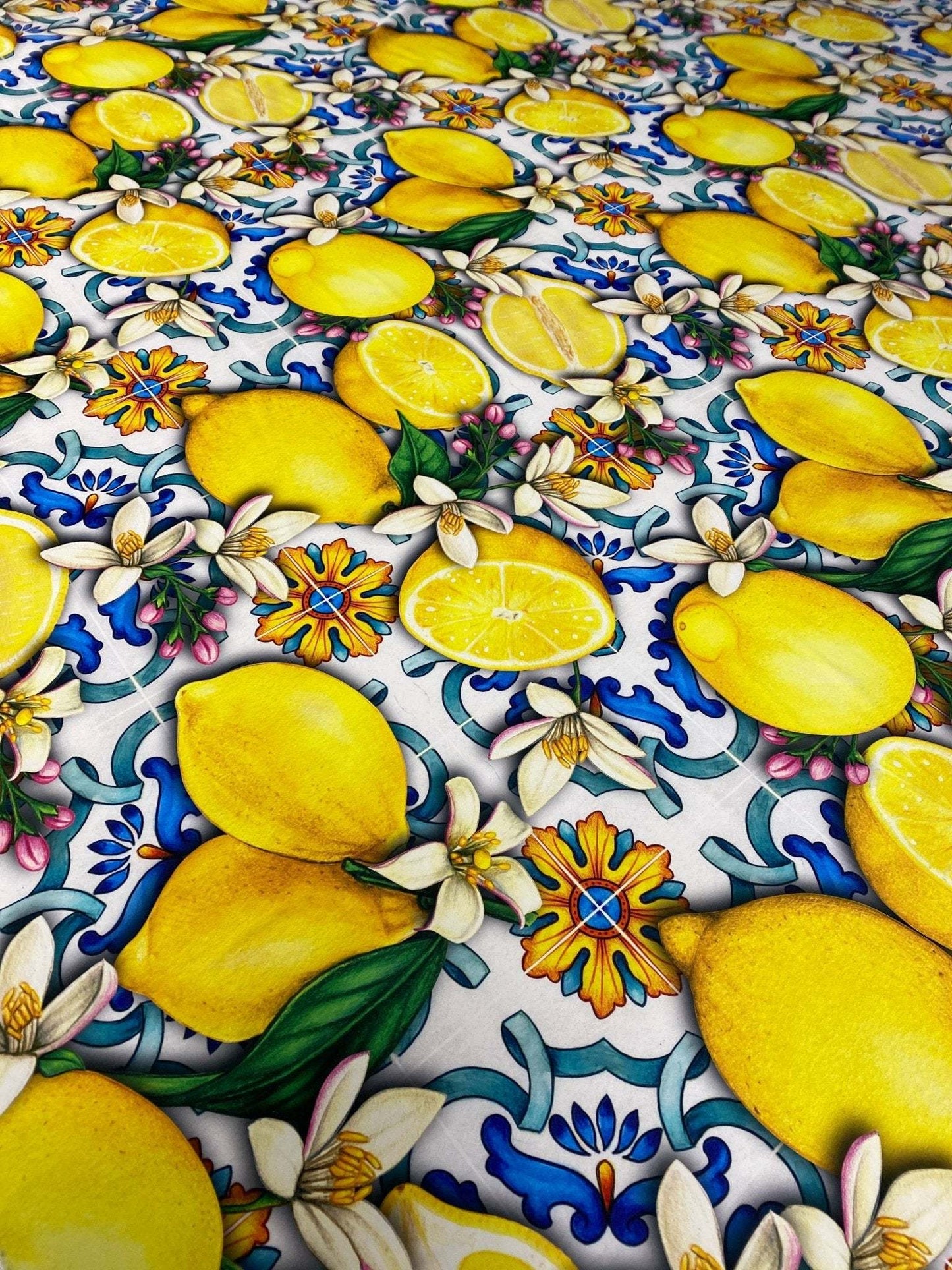 Lemon Blue Spanish Pattern Fabric by Metre