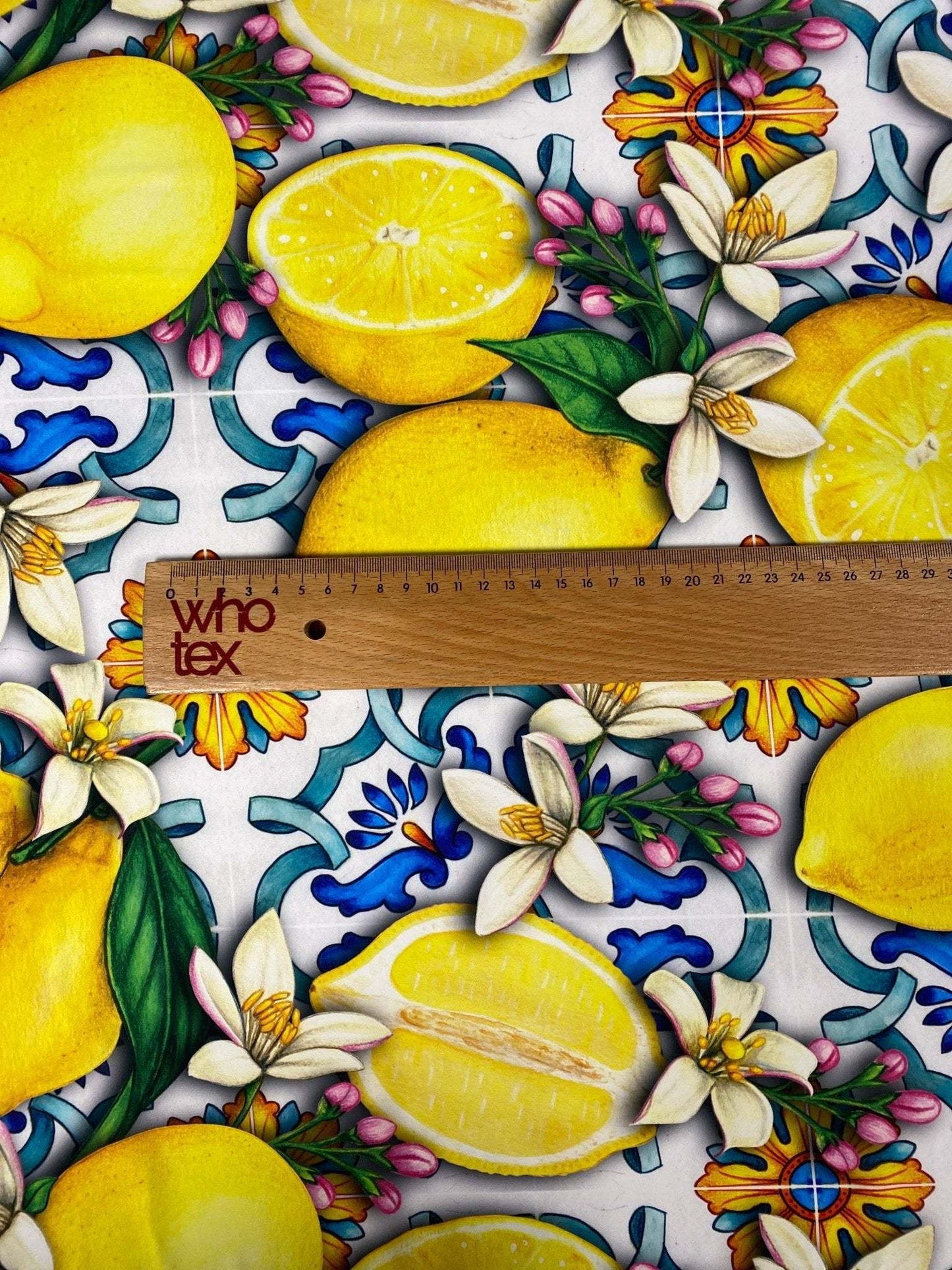 Lemon Blue Spanish Pattern Fabric by Metre
