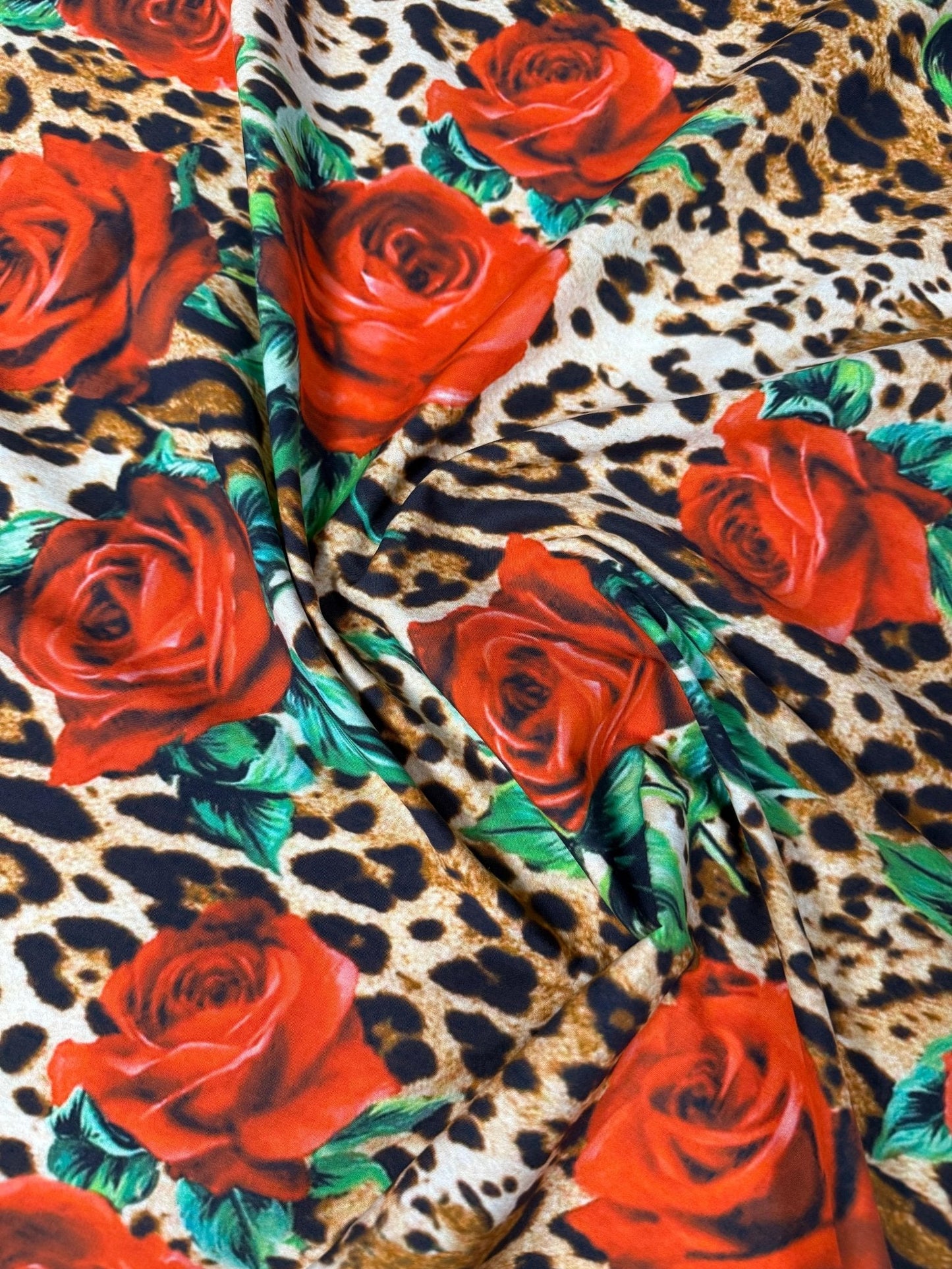 Leopard and Red Rose Pattern Fabric Sold by Metre