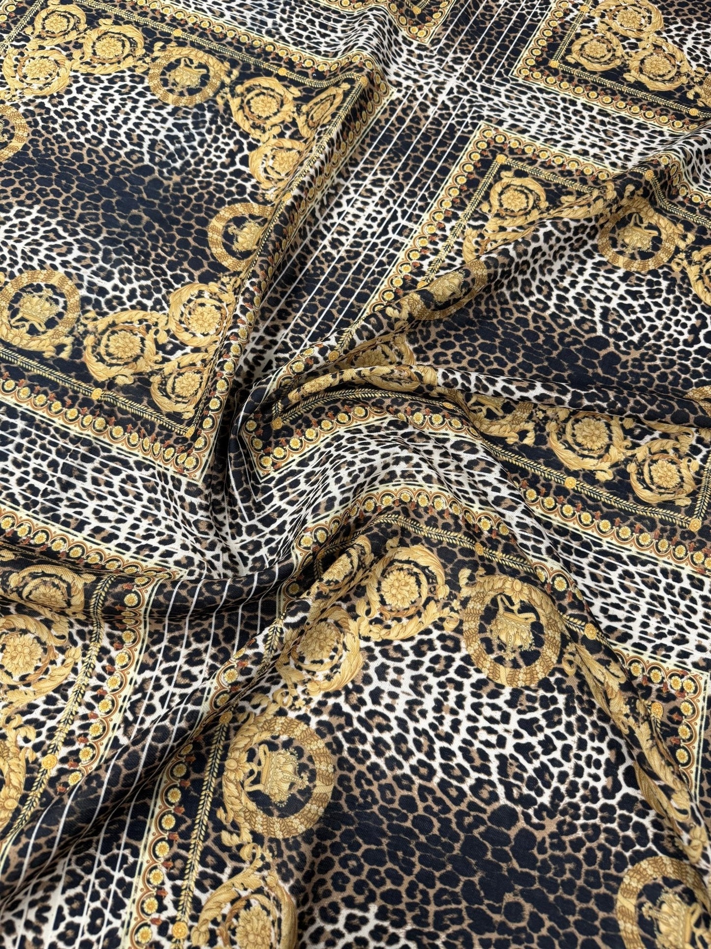 Leopard  Gold Baroque Patterned Crepe Fabric by Metre