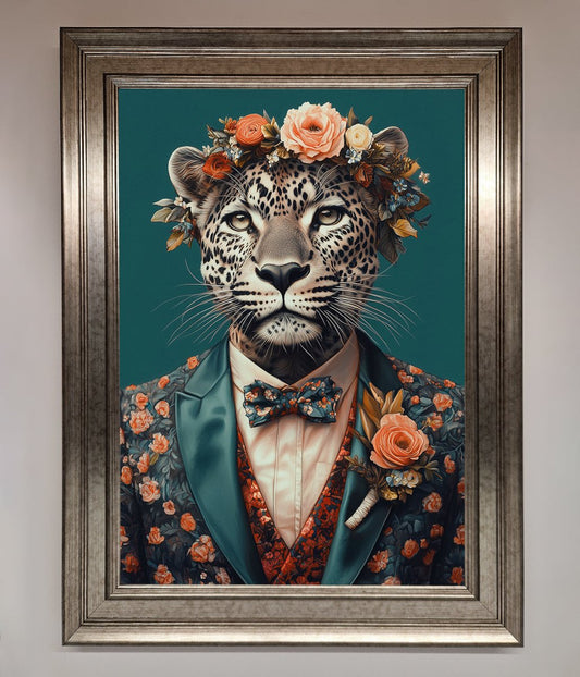 Leopard In a Suit With Flowers Framed Print