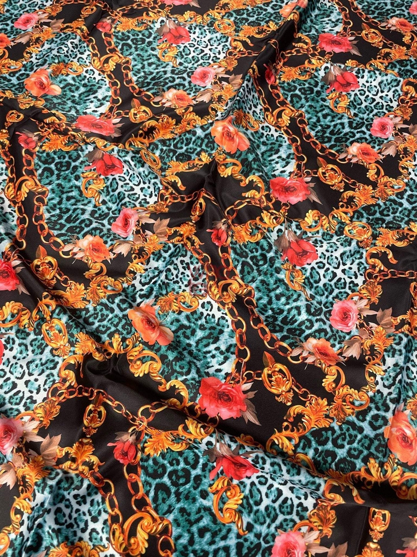 Leopard Print Fabric with Gold Chains and Floral Accentsn Fabric by Metre