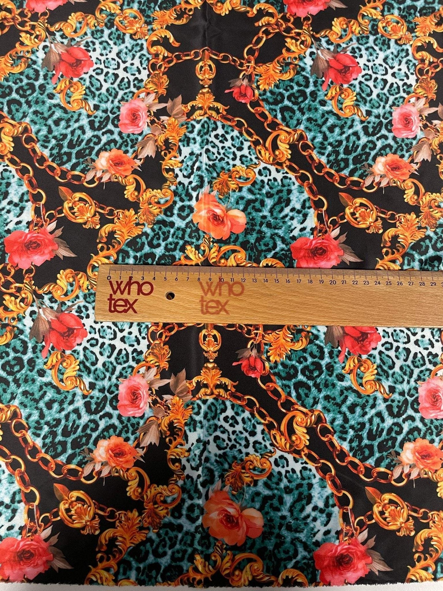 Leopard Print Fabric with Gold Chains and Floral Accentsn Fabric by Metre