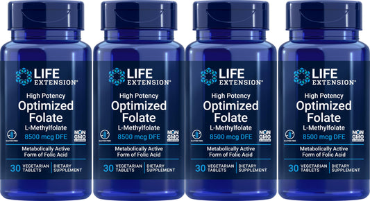 Life Extension High Potency Optimized Folate 8500 mcg DFE – 30 Vegetarian Tablets (Pack of 4)