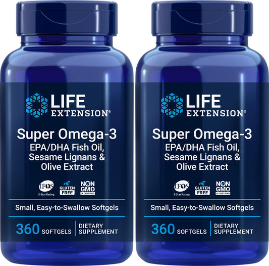Life Extension Super Omega-3 360 Softgels (2-Pack) – Easy to Swallow, Lemon Flavor, IFOS Certified