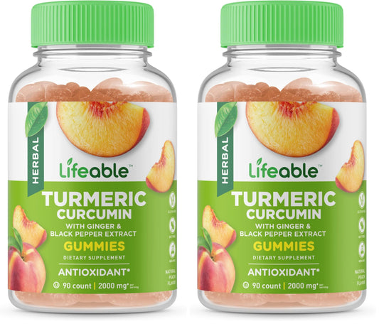 Lifeable Turmeric Curcumin with Ginger & Black Pepper Extract – 2000mg per Serving, 90 Gummies (Pack of 2) – Great Tasting Peach Flavor, Vegetarian & Non-GMO
