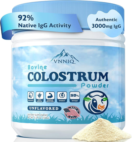 VNNIQ Bovine Colostrum Powder – 3X Absorption, 3,000 mg IgG, Organic Grass-Fed, Ultra-Low Temp Freeze-Dried, 50 Servings