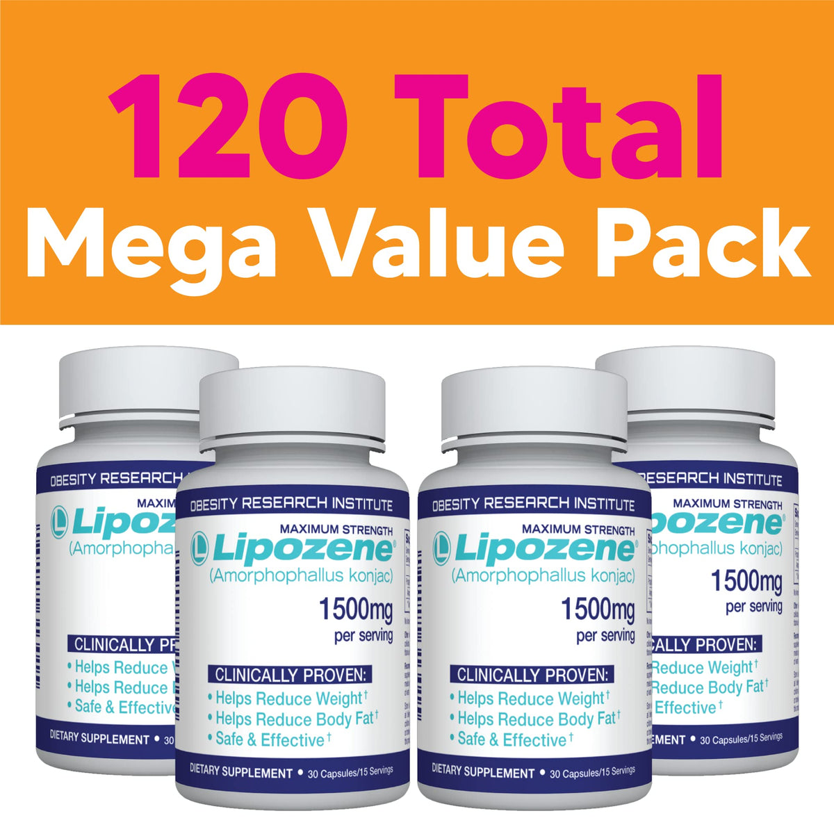 Lipozene Diet Pills – 4 Bottles (120 Capsules) Fiber-Based Appetite Control