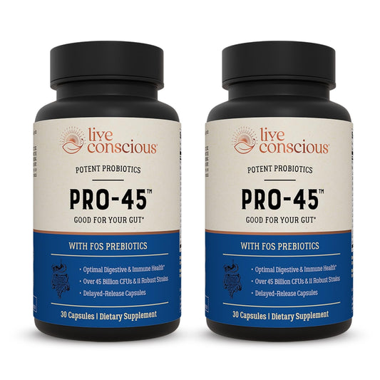 Live Conscious PRO45 Probiotic 45B CFU, 11 Strains, Dairy Free, Delayed-Release Veggie Caps | 2-Pack