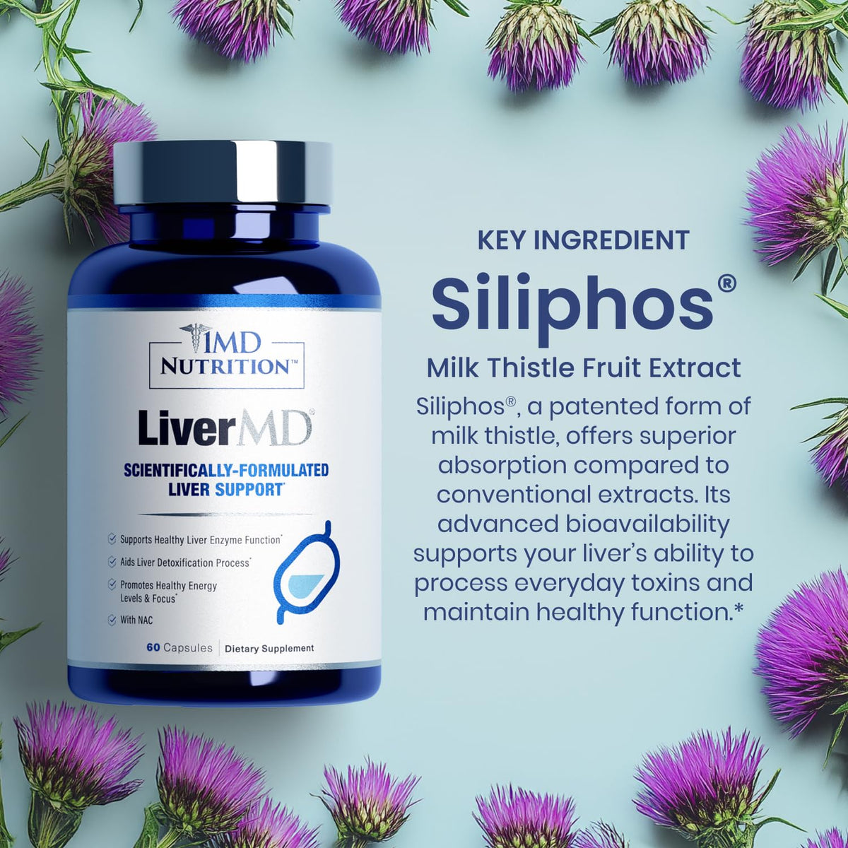 1MD Nutrition LiverMD - Liver Support Supplement with Siliphos Silybin & NAC | 60 Capsules