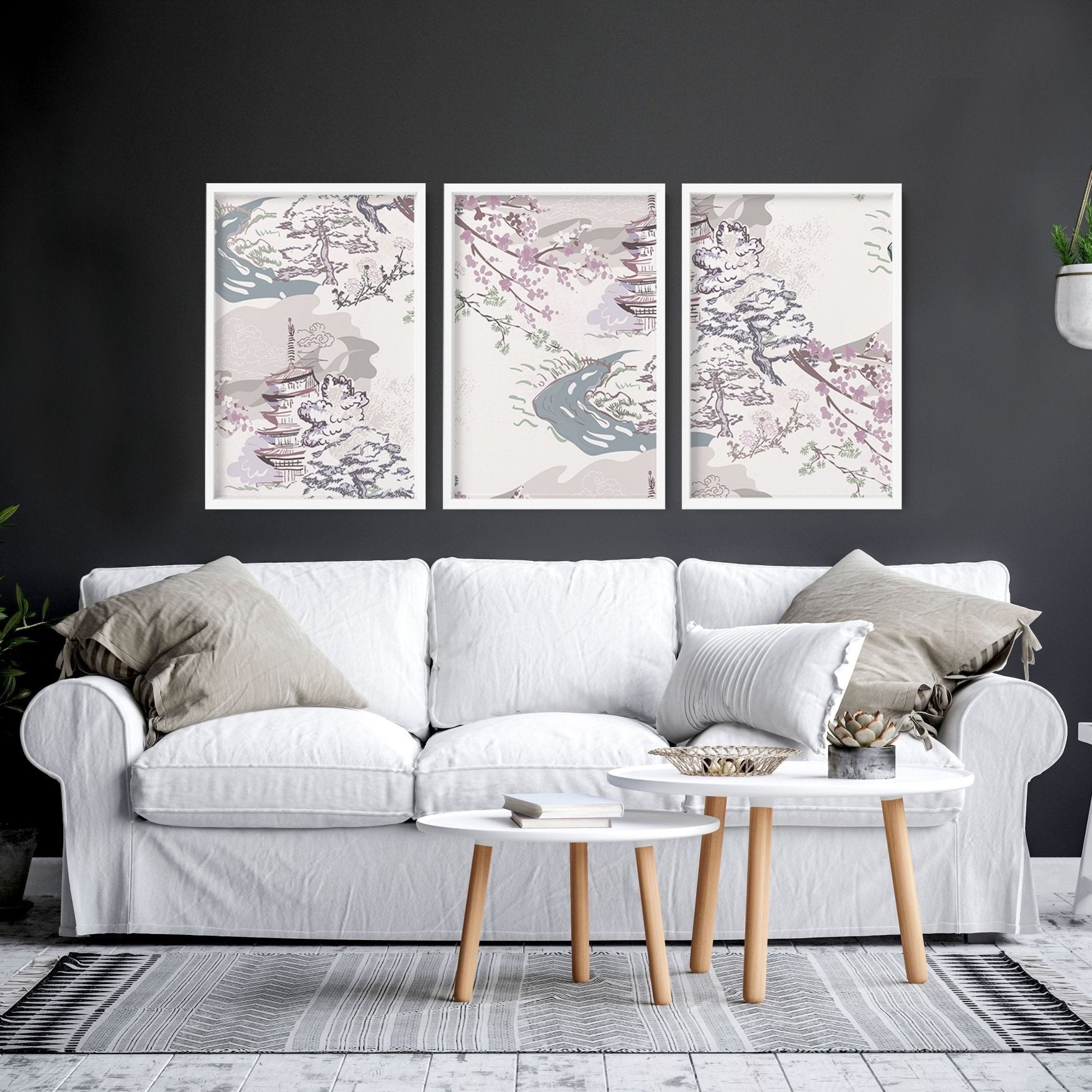 Set of 3 wall art for living room | set of 3 Chinoiserie wall art