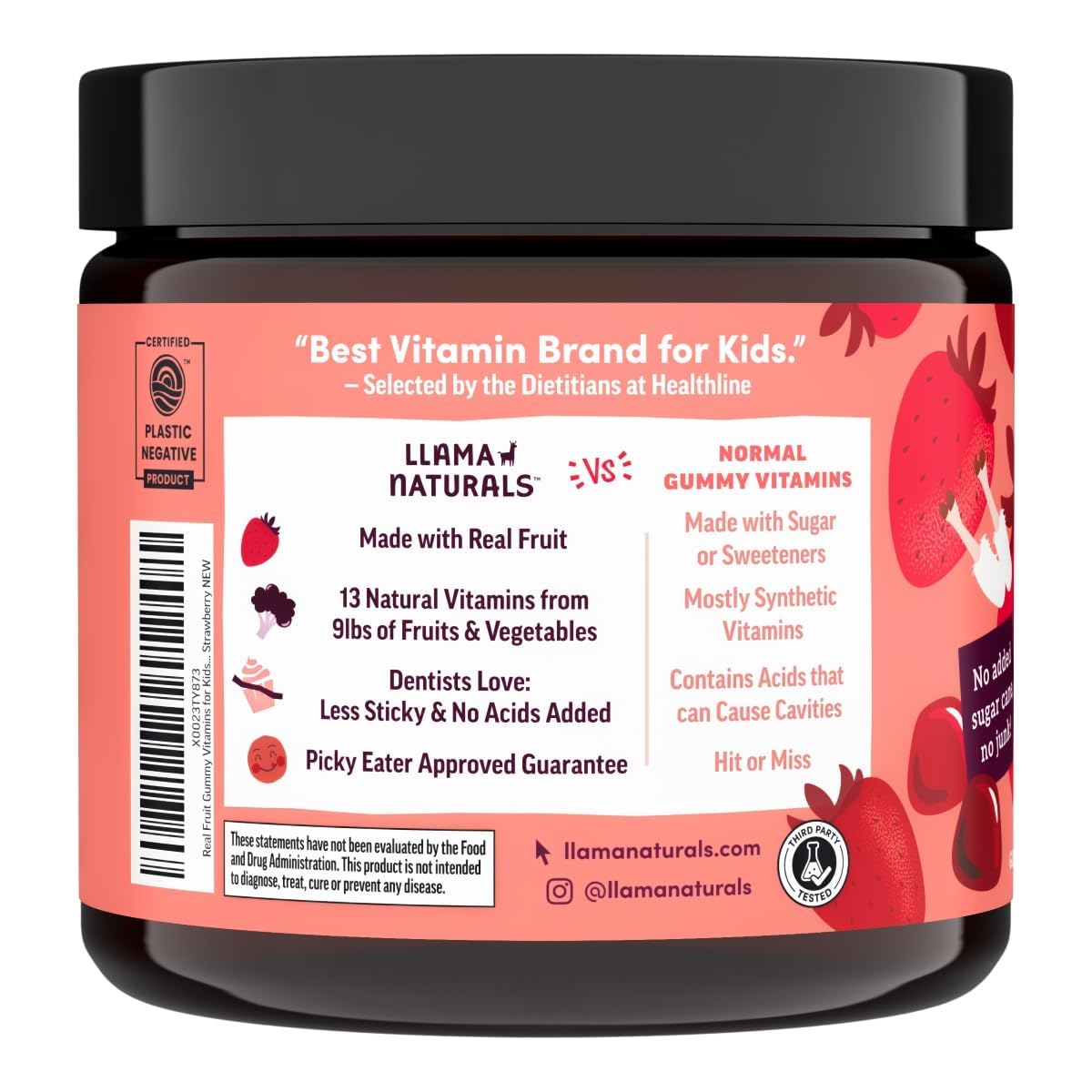 Llama Naturals Kids Multivitamin Gummies - Vegan, Organic, Strawberry, 90 Ct