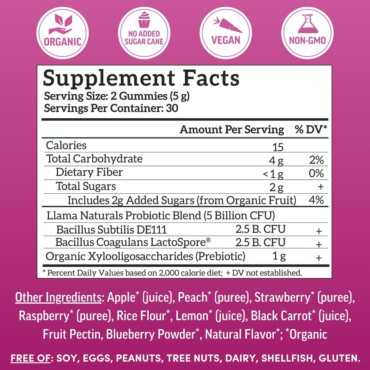 Llama Naturals Probiotics – Vegan Prebiotic Gummies (Mixed Berry) 60 Ct