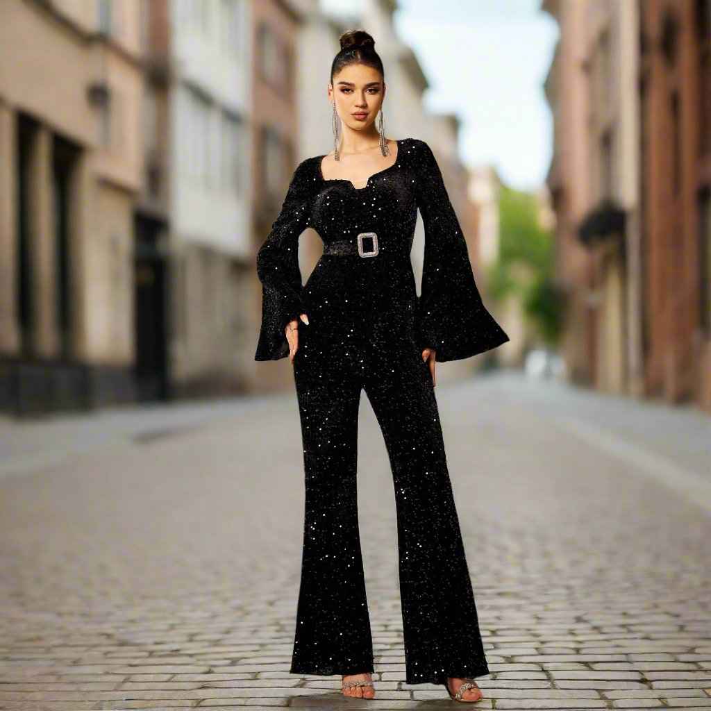 Long Sleeve Square-neck Slim-fit Sheath Banquet Sequined Jumpsuit