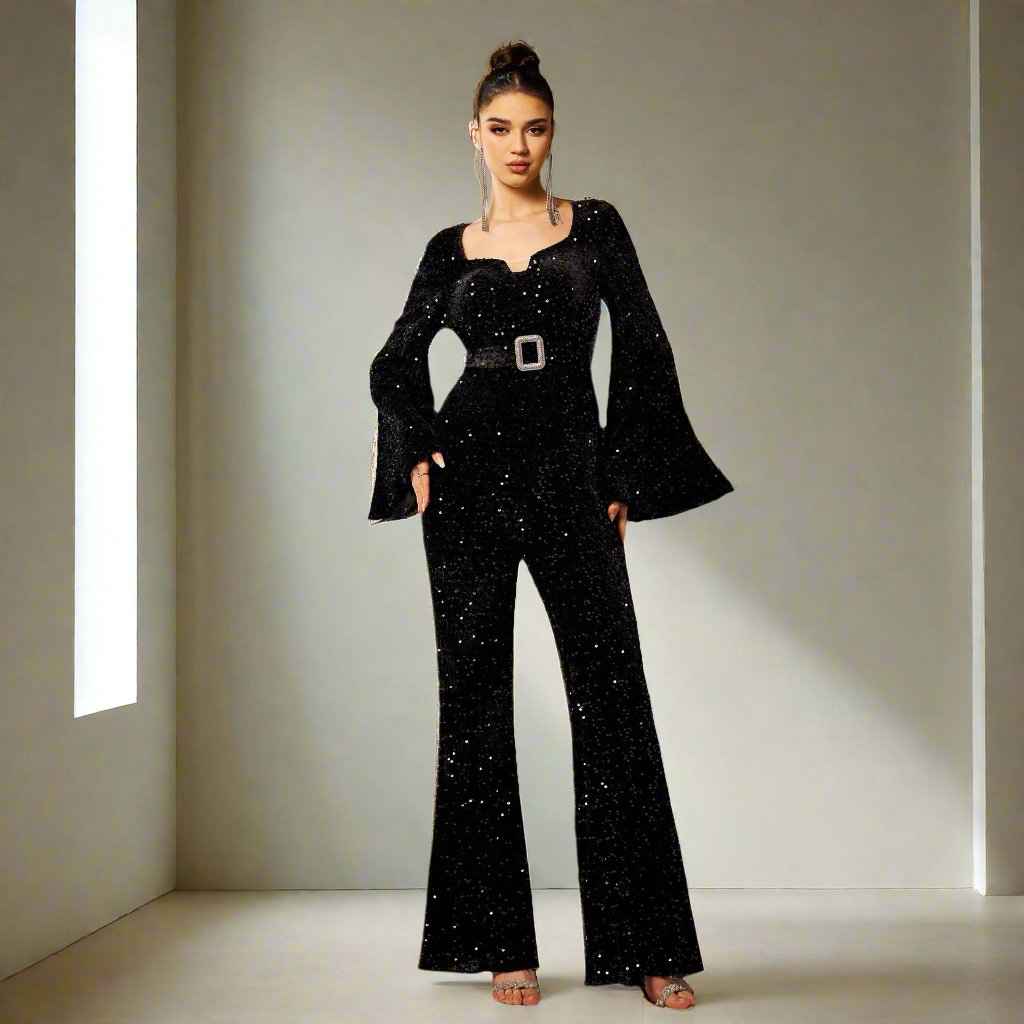 Long Sleeve Square-neck Slim-fit Sheath Banquet Sequined Jumpsuit