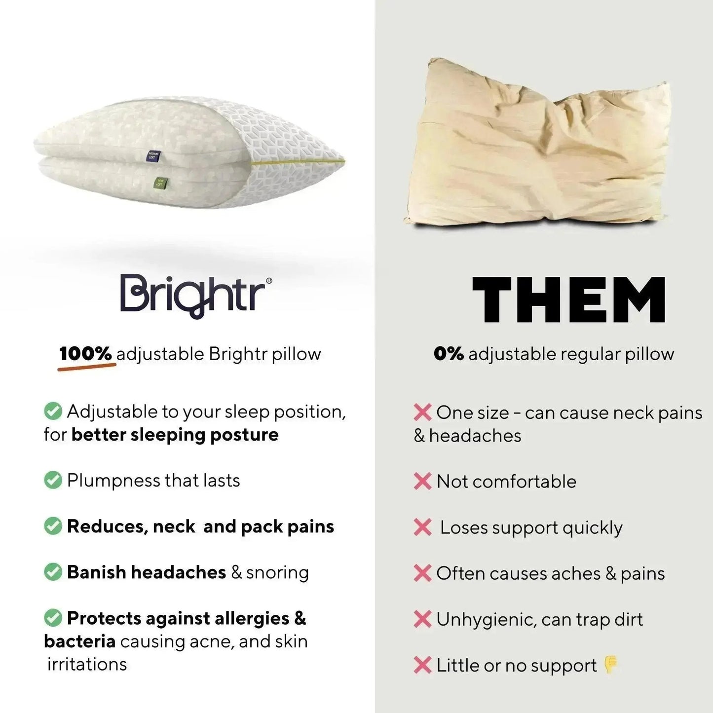 Brightr® Luna Adjustable Memory Foam pillow for neck & shoulder pains