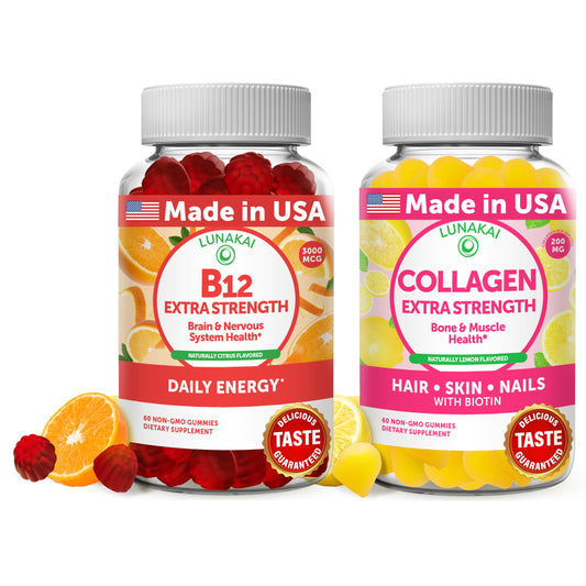 Lunakai Vitamin B12 & Collagen Gummies Bundle – 3000 mcg Methylcobalamin, Non-GMO, 30 Days