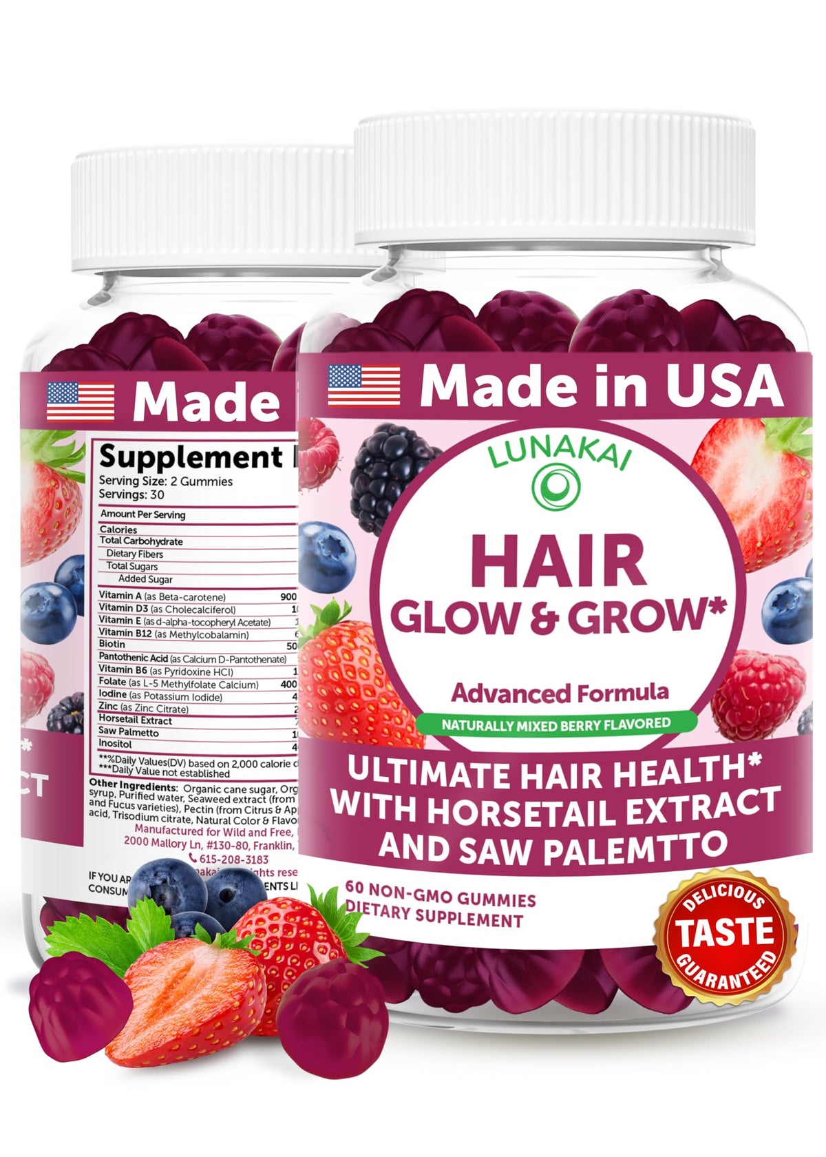 Lunakai USA Made Hair Gummies – Biotin, Zinc & Horsetail | Hair Growth Vitamins 60ct