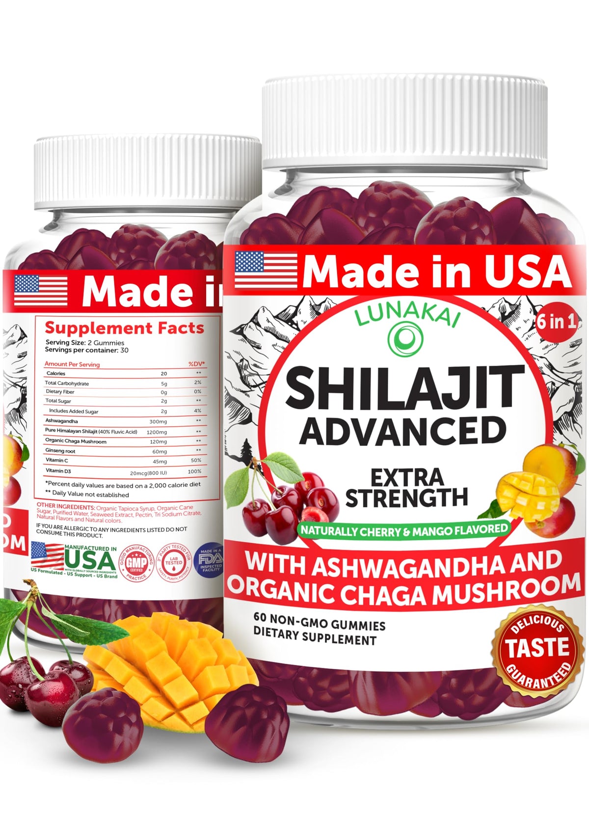 Lunakai USA Made Shilajit Gummies 1200mg with Ashwagandha & Chaga – 60ct