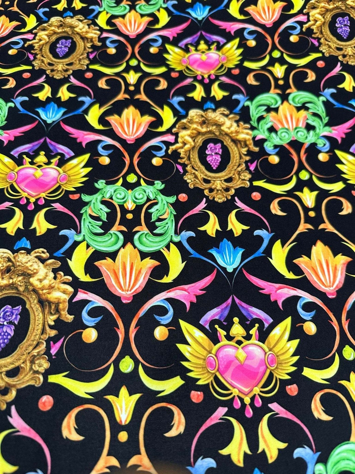 Vibrant Black Pattern Baroque Floral Heart Fabric Sold by Metre