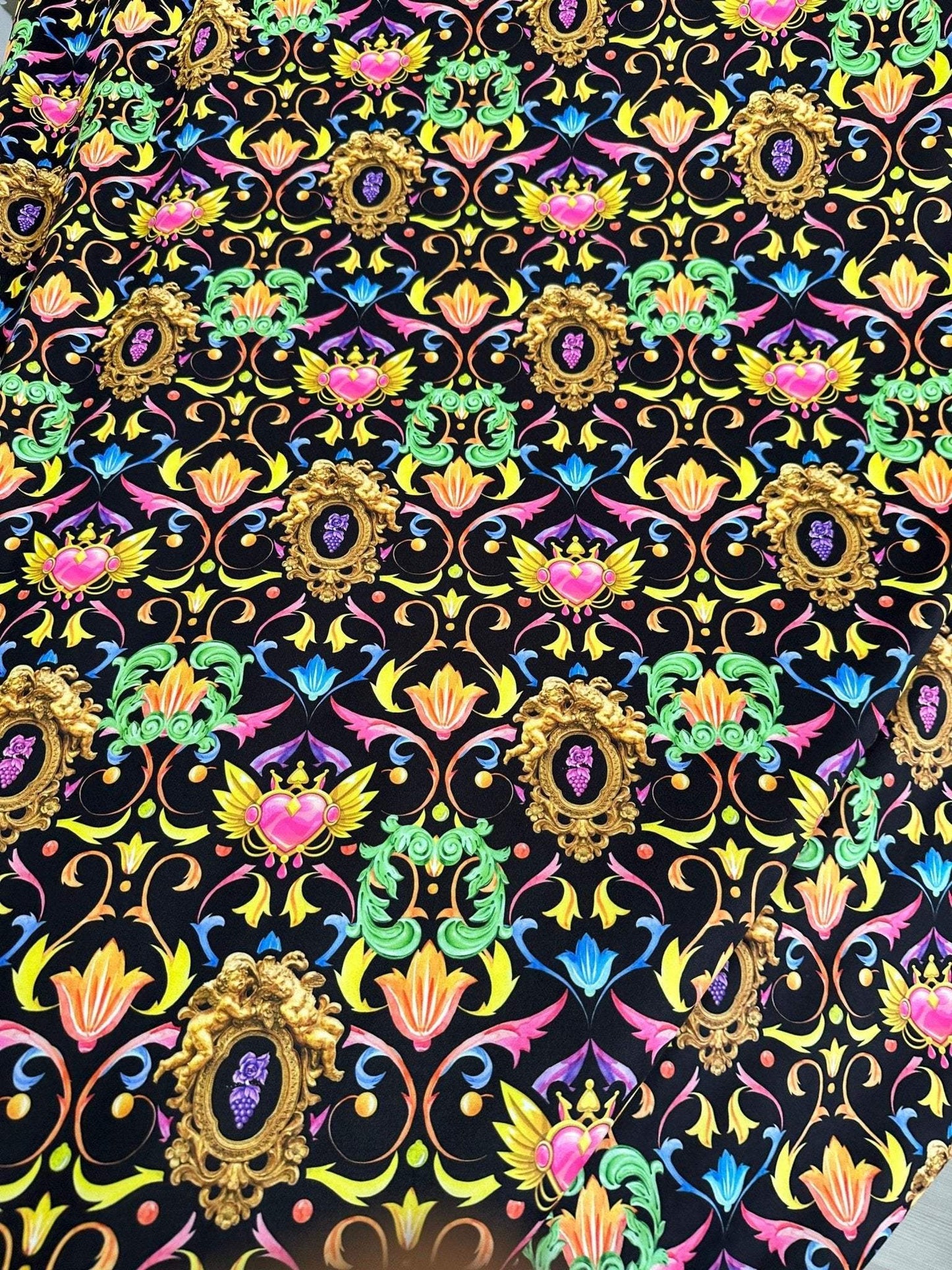 Vibrant Black Pattern Baroque Floral Heart Fabric Sold by Metre