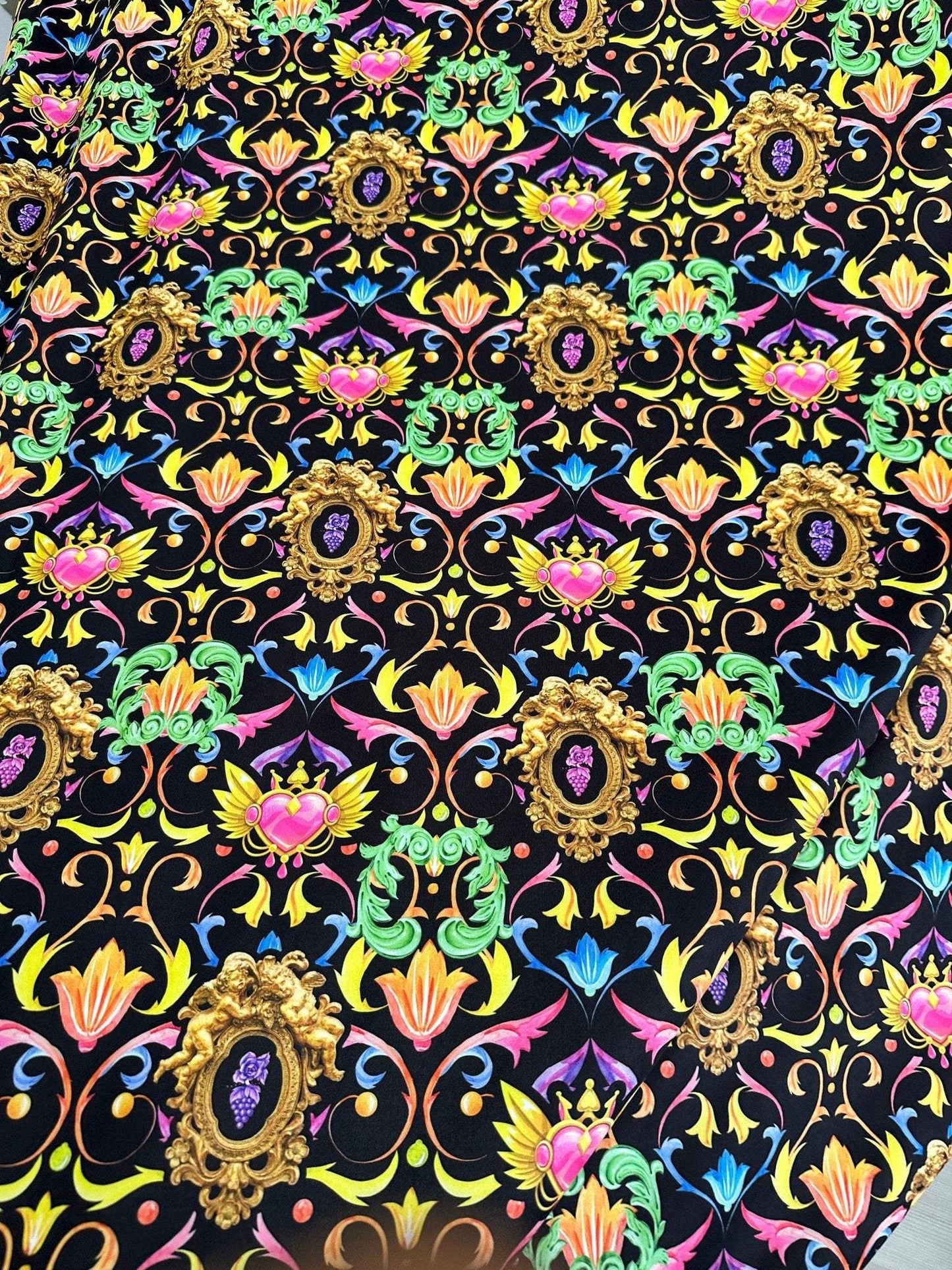 Vibrant Black Pattern Baroque Floral Heart Fabric Sold by Metre