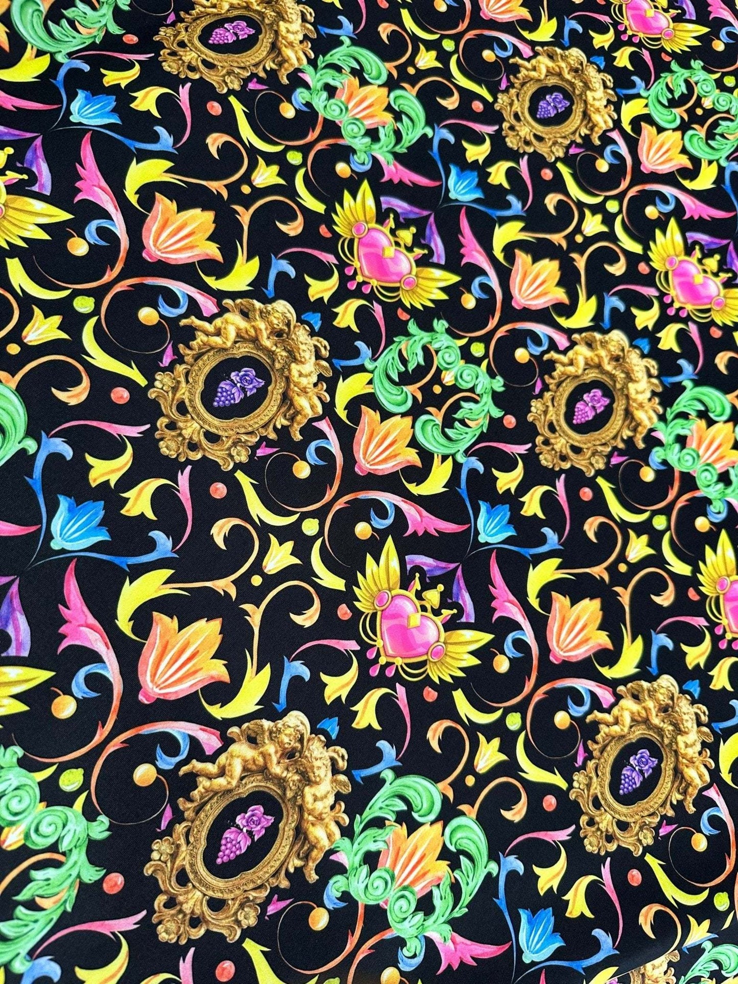 Vibrant Black Pattern Baroque Floral Heart Fabric Sold by Metre