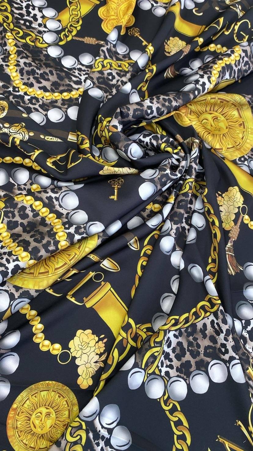 Gold Chain, Leopard, and Pearl Print on Black Background Fabric by the Metre