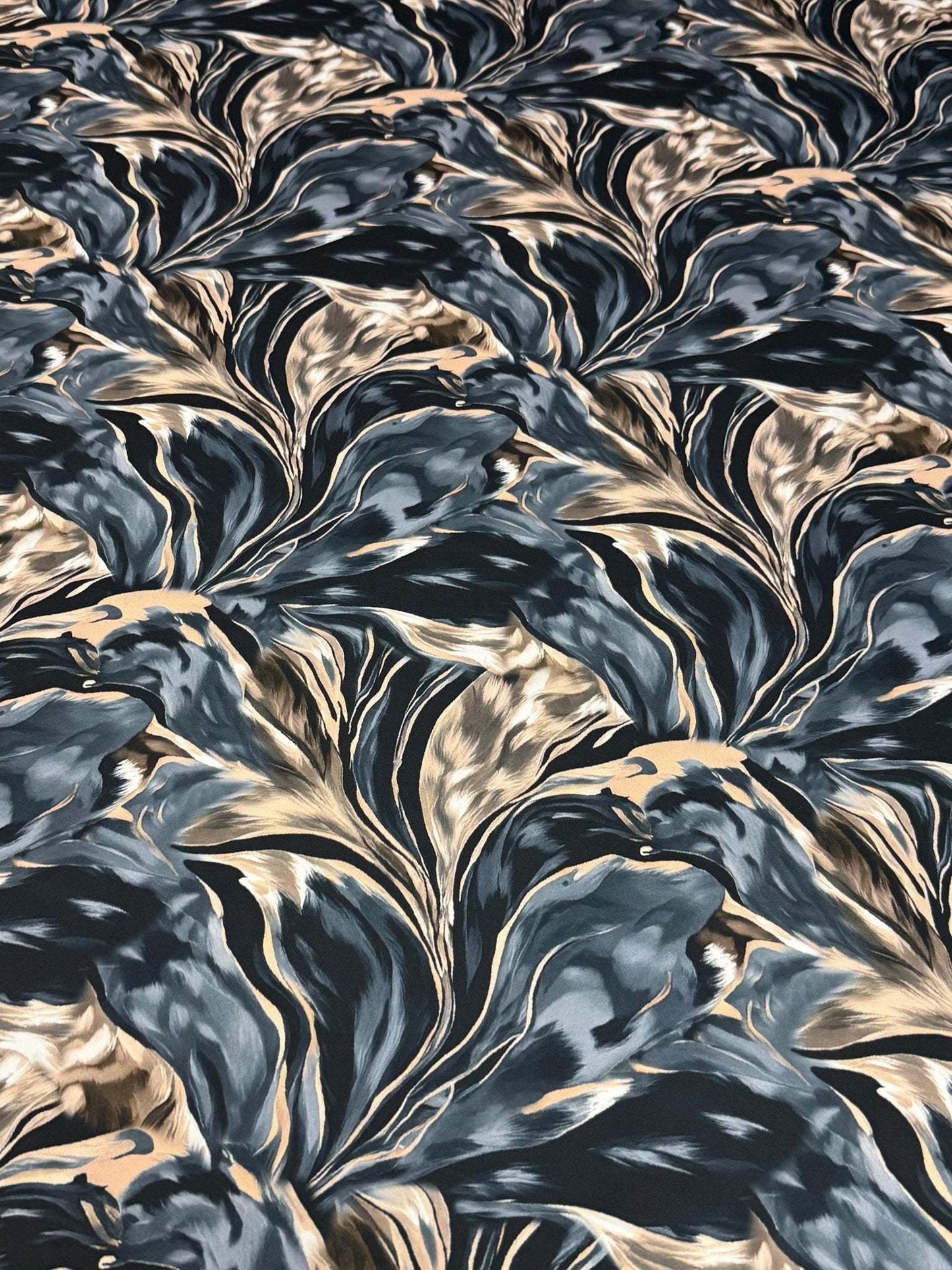 Dark Blue & Marble Print Satin Fabric by Metre