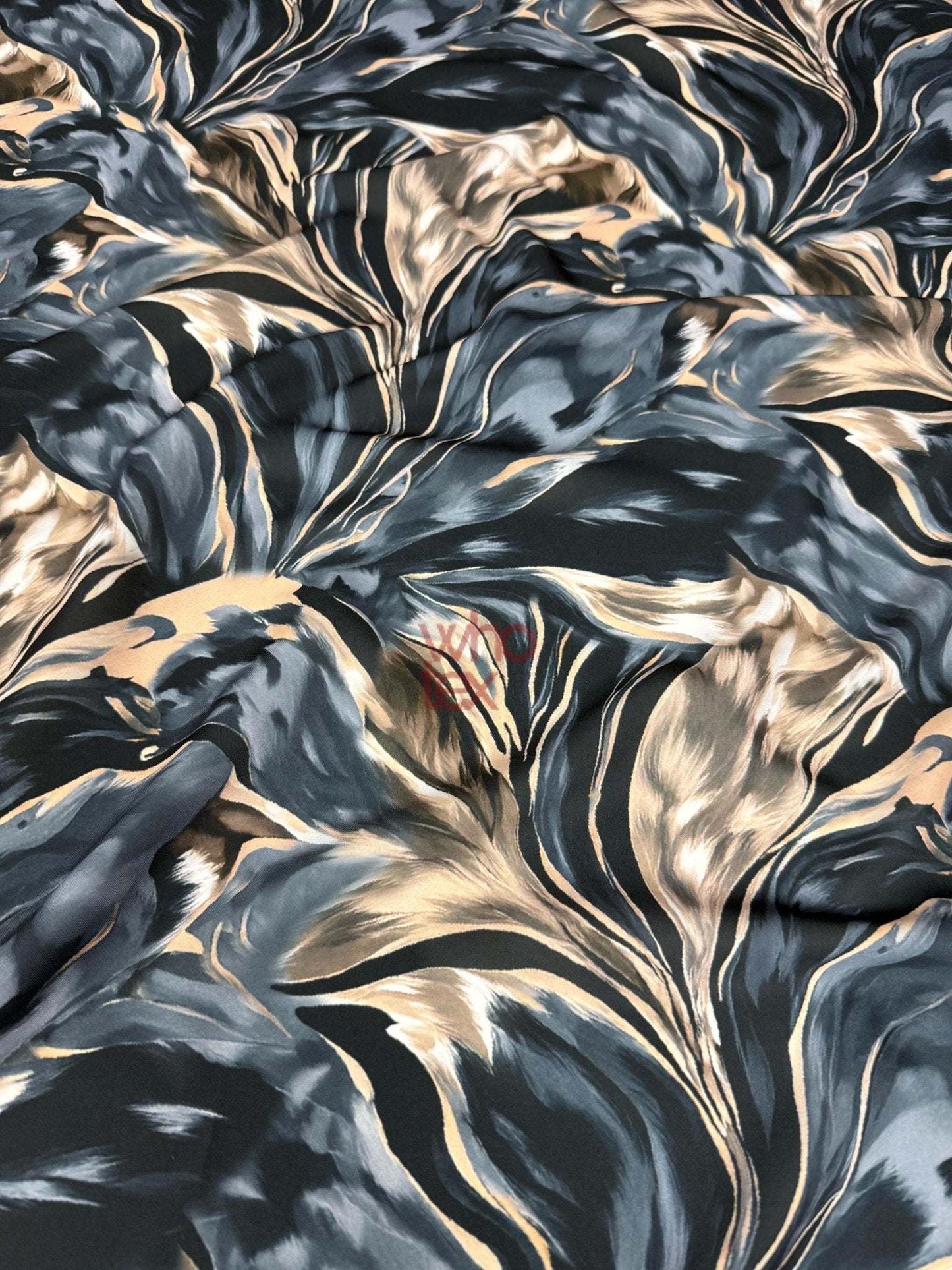 Dark Blue & Marble Print Satin Fabric by Metre