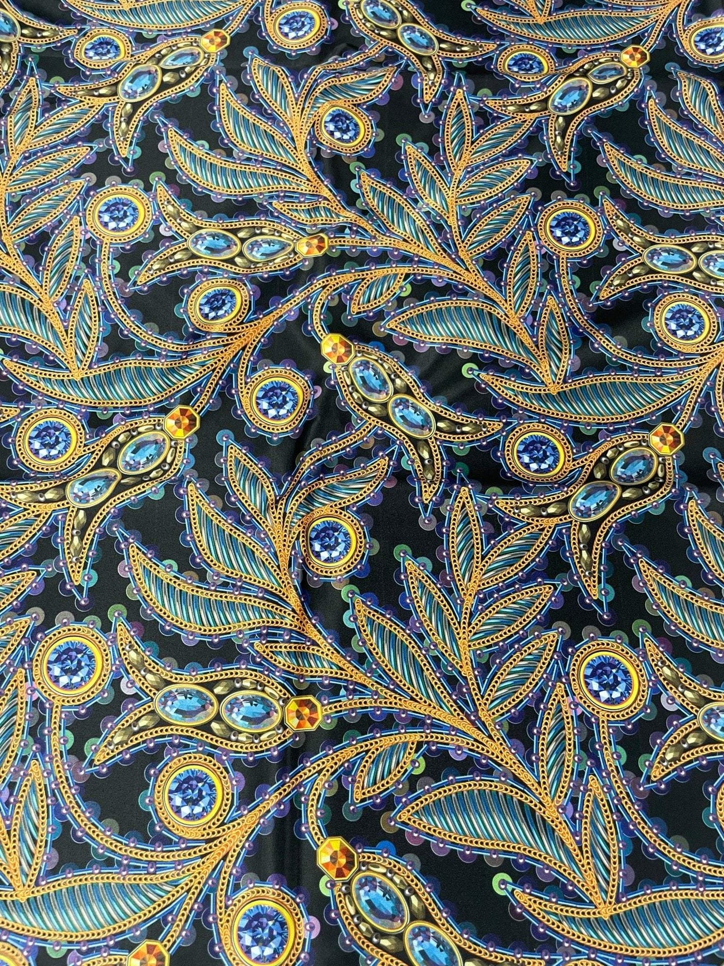 Luxury Peacock Feather Fabric with Jewel Accents Sold by Metre